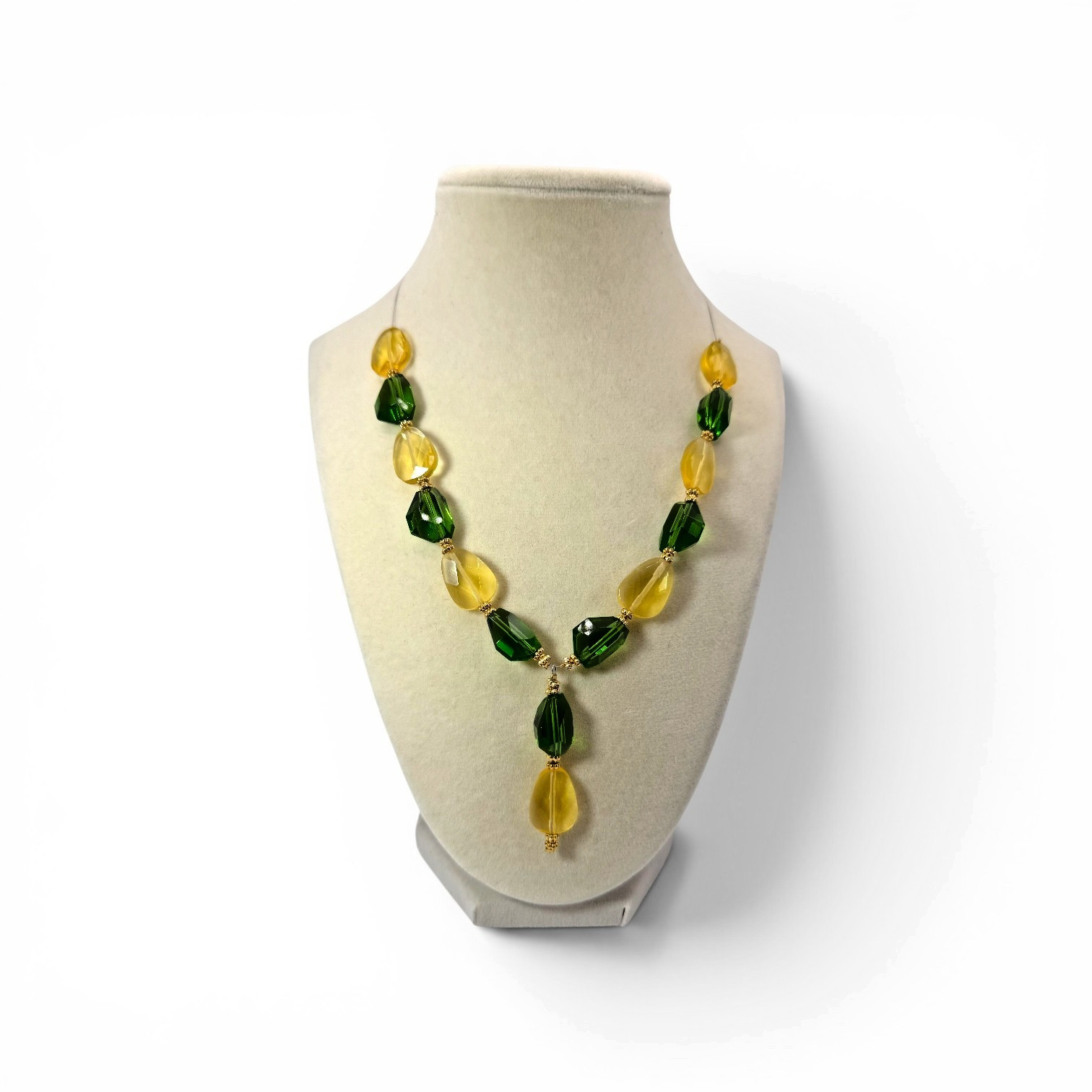 NOS Vintage Latasia Glass Bead Statement Necklace Green Yellow Gold Tone Y