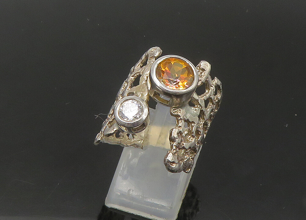925 Silver Vintage Cubic Zirconia & Citrine Sculpted Band Ring Sz 8.5 RG22387