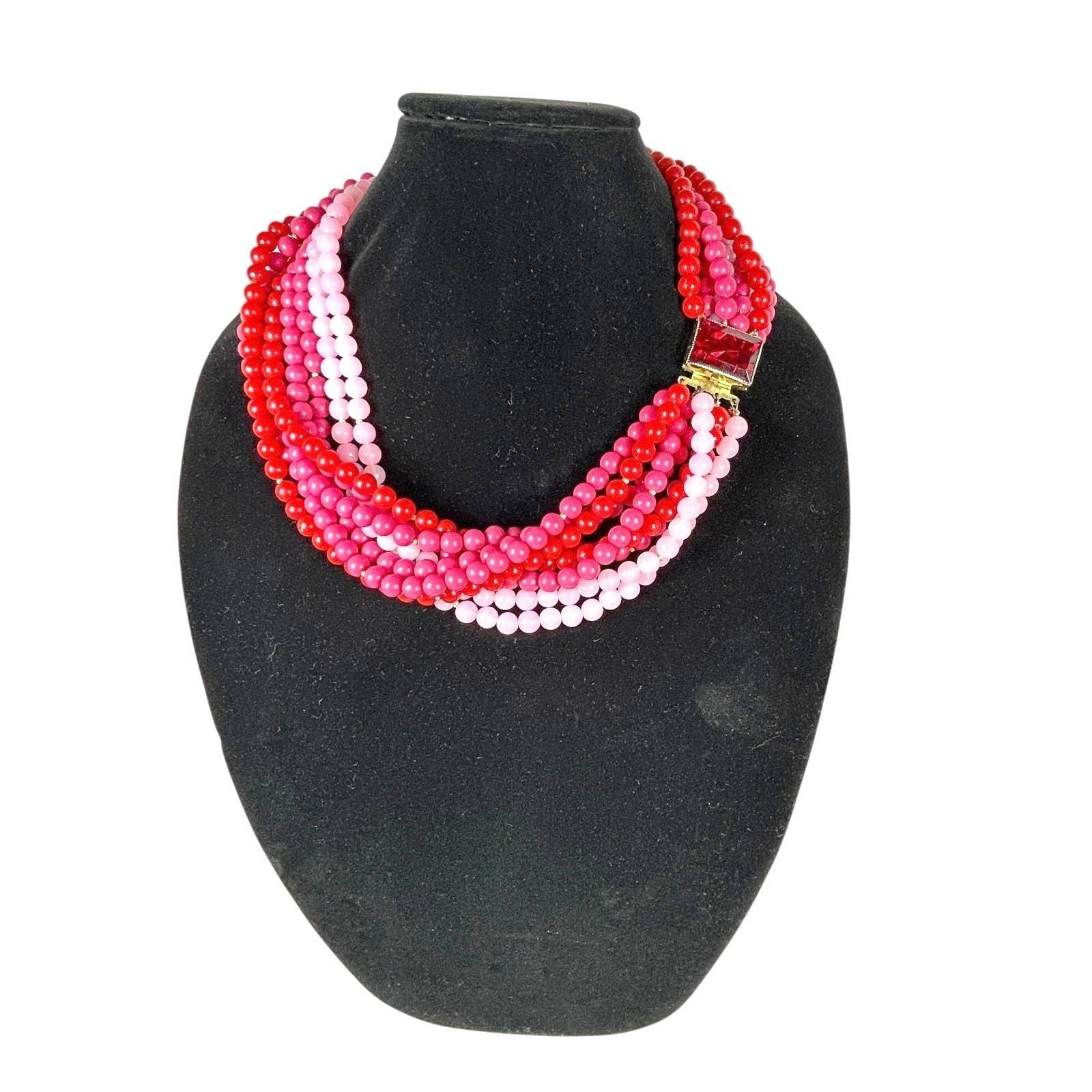 Hattie Carnegie Statement Bead Necklace Pink Red Multistrand 1950s Signed