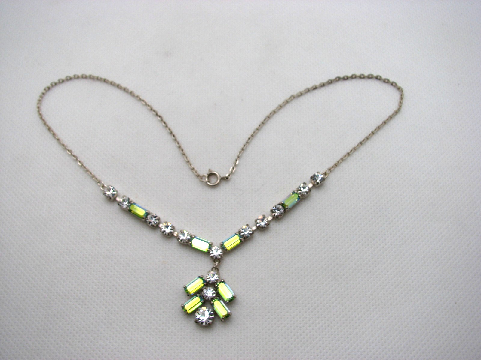 Vintage Green Baguette Rainbow Glass & Clear Rhinestone MCM Necklace Silver Tone