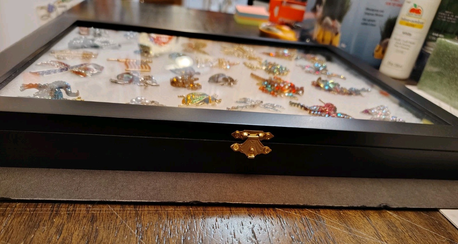 Rhinestone Brooches Lot Of 27 In Glass Front Display Case ** NEW ** ** NICE **