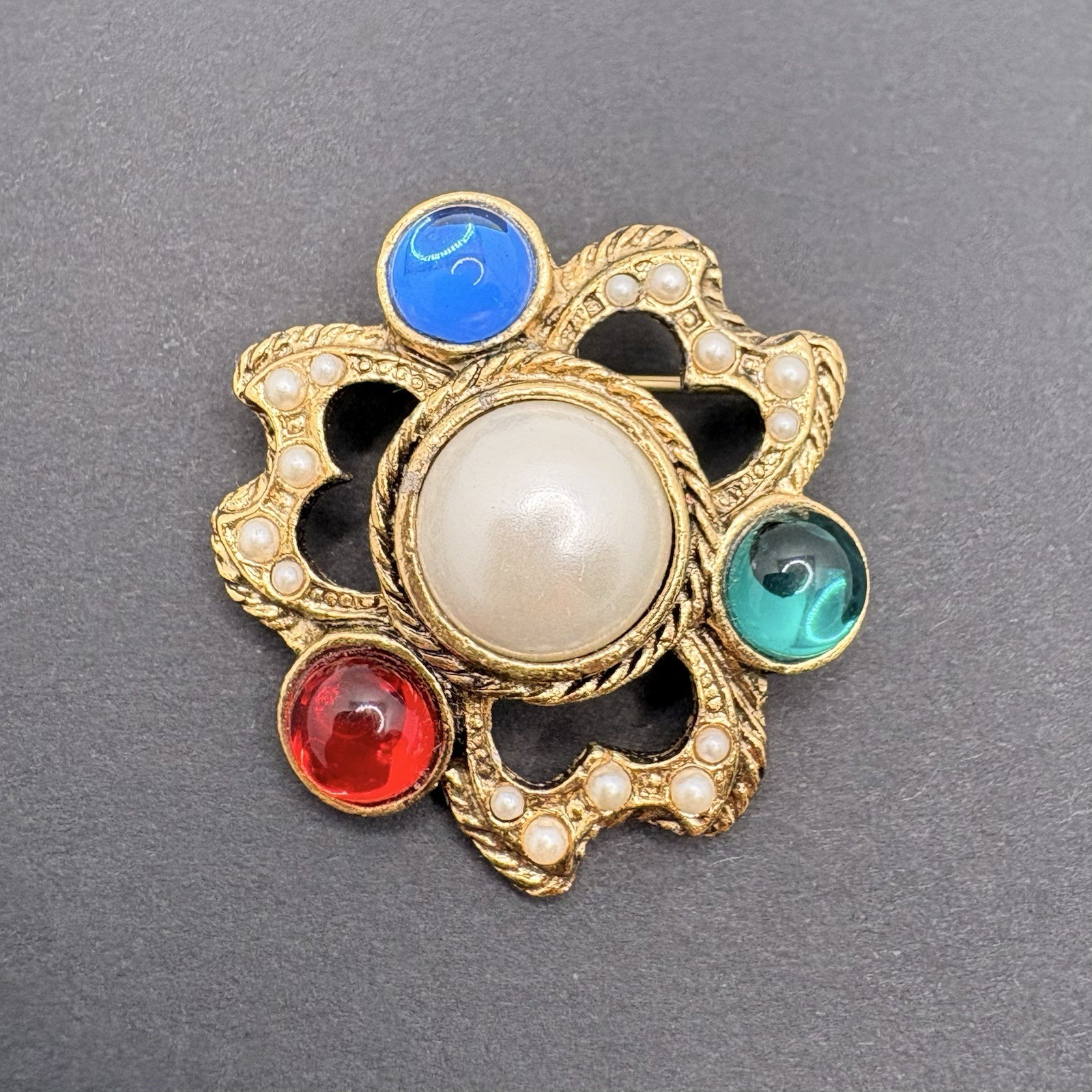 Vintage Faux Pearl Multicolor Jewel Tones Cabochon Open Work Gold Tone Brooch