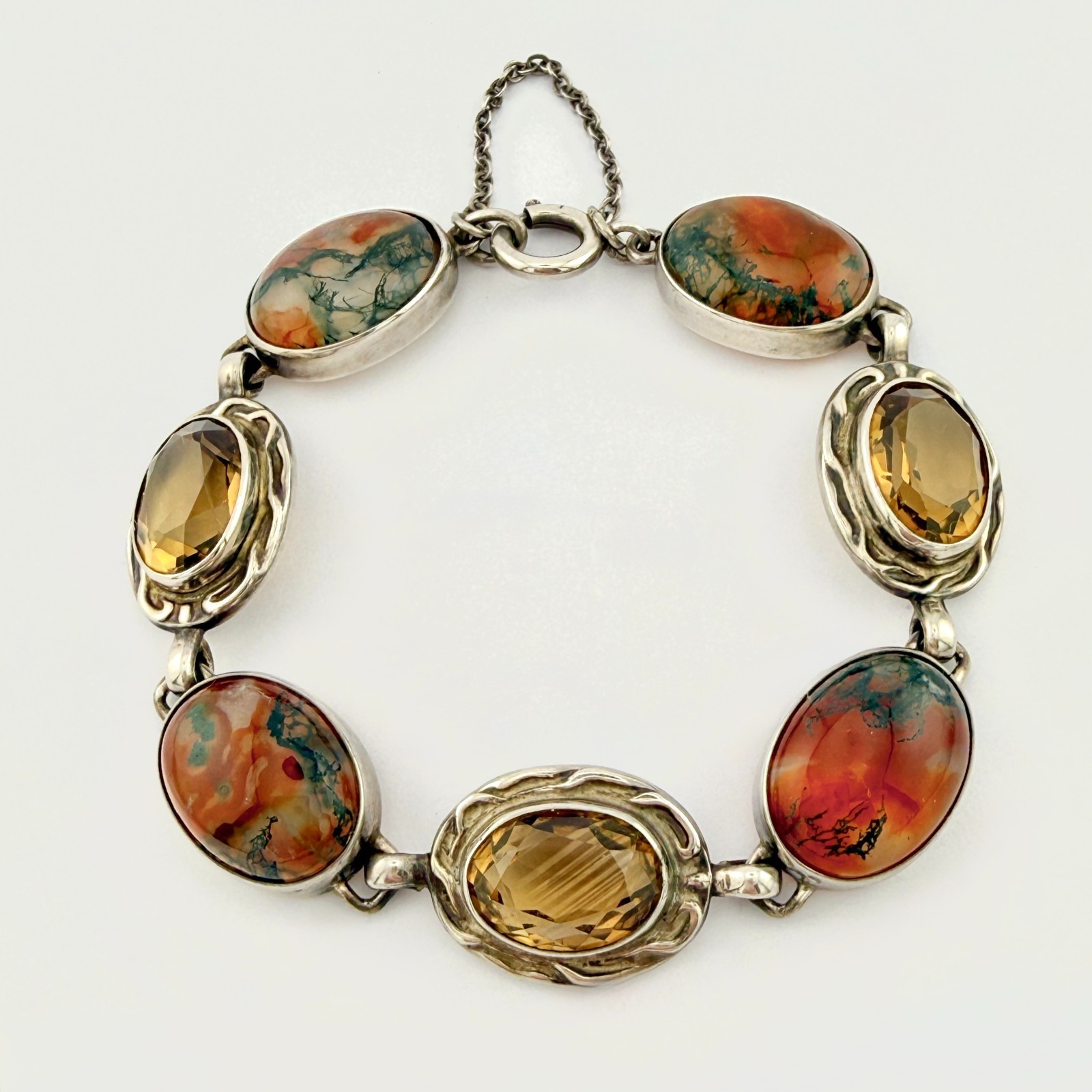 Stunning Vintage Scottish Sterling Silver Moss Agate &Faceted Cairngorm Bracelet