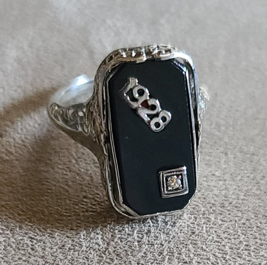 Antique 1928 Art Deco 14K White Gold Diamond Black Onyx Shell Cameo Flip Ring