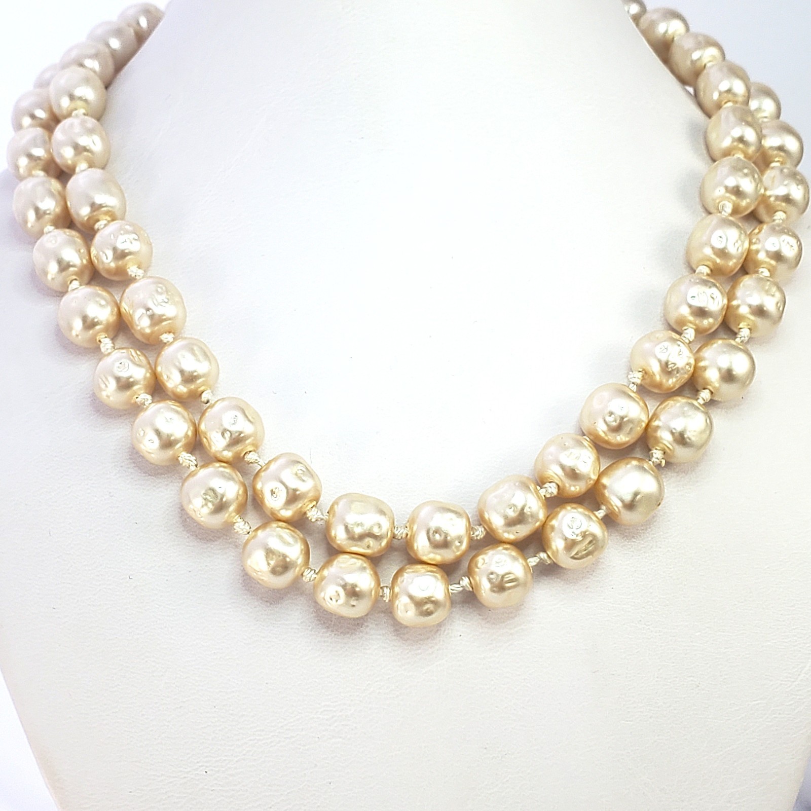 RICHELIEU Double Strand Necklace Faux BAROQUE PEARL Vintage Hand Knotted 16″
