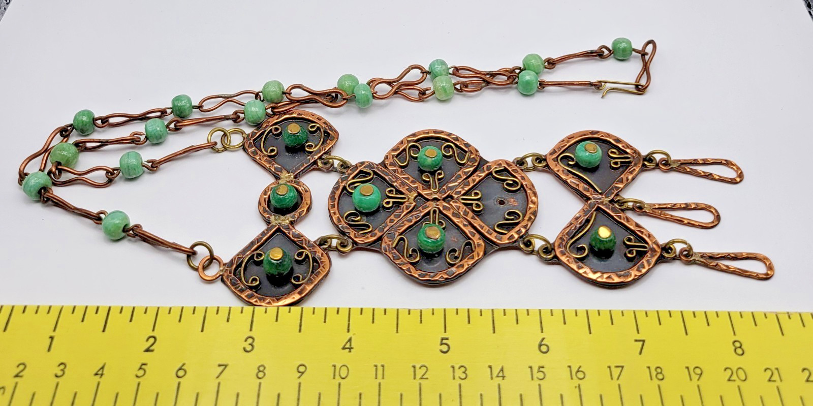 Vintage Casa Maya Copper Brass Green Stone Statement Pendant Necklace as-is ~24″