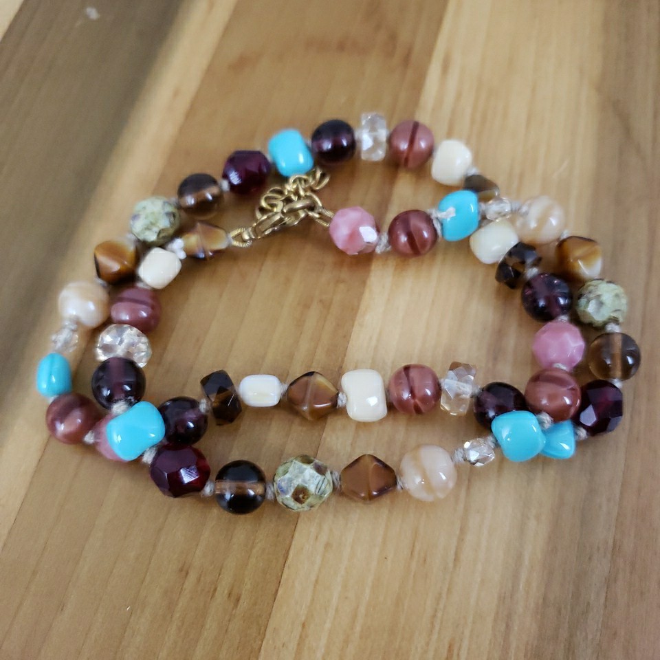 VTG Multi Polished Gemstone Necklace 16.5″ Knotted Faceted Glass Agate