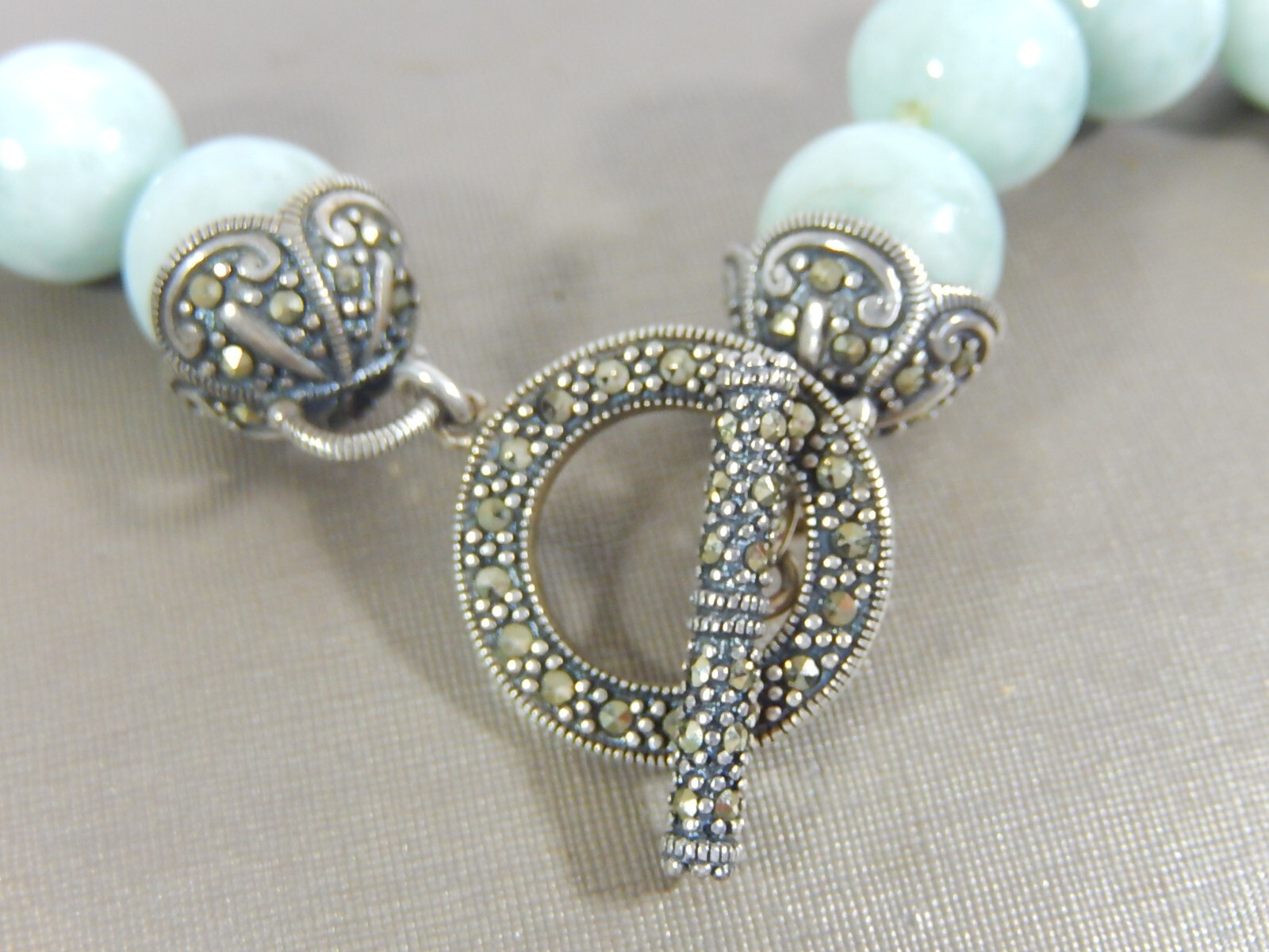 VTG FINE QUALITY AMAZONITE 12mm BEAD HAND KNOTTED NECKLACE W 925 MARCASITE CLASP