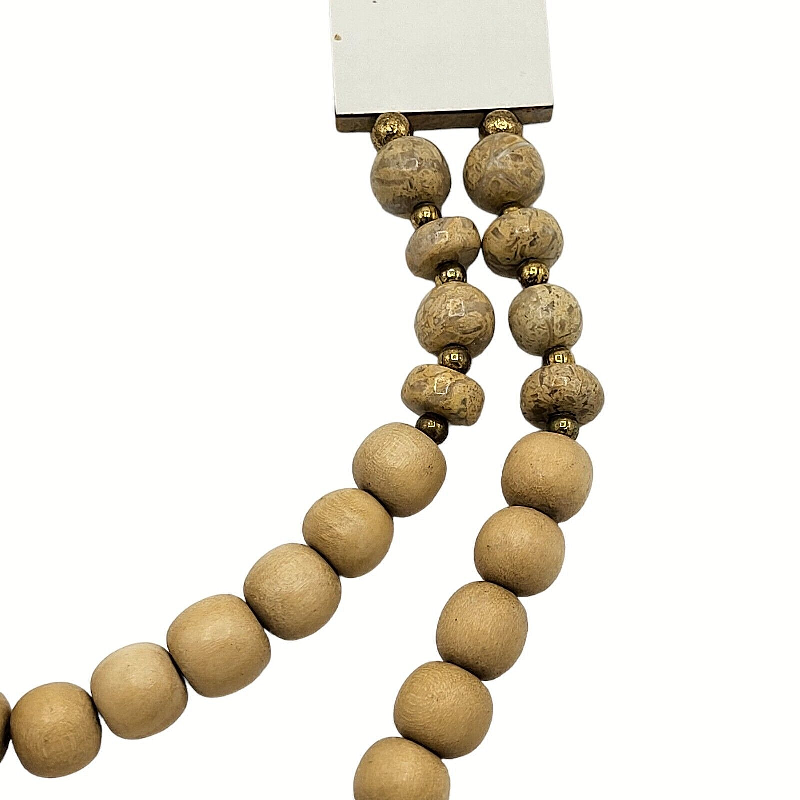 Vintage Necklace Wooden Beaded Ceramic Tile 30 Inches