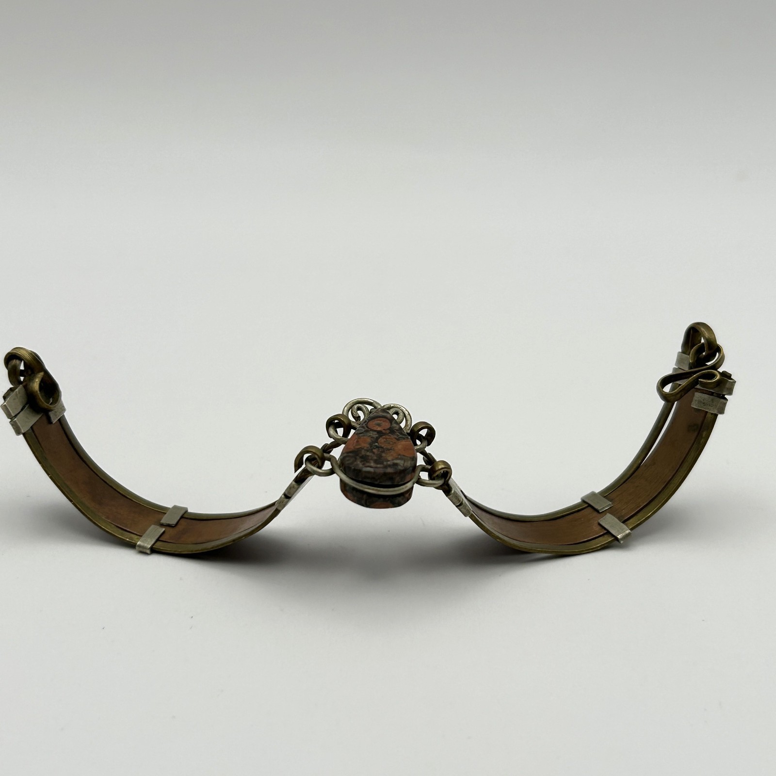 Leather Jasper Stone Bracelet Egyptian Revival Vintage Brass 6.75 in