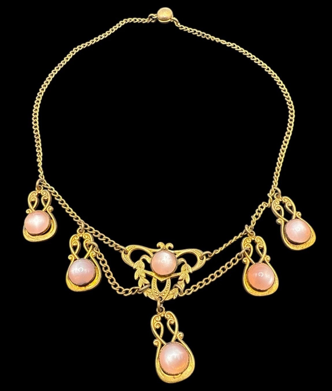 Antique Pink Moonstone Festoon Necklace Gold Tone 14” J114