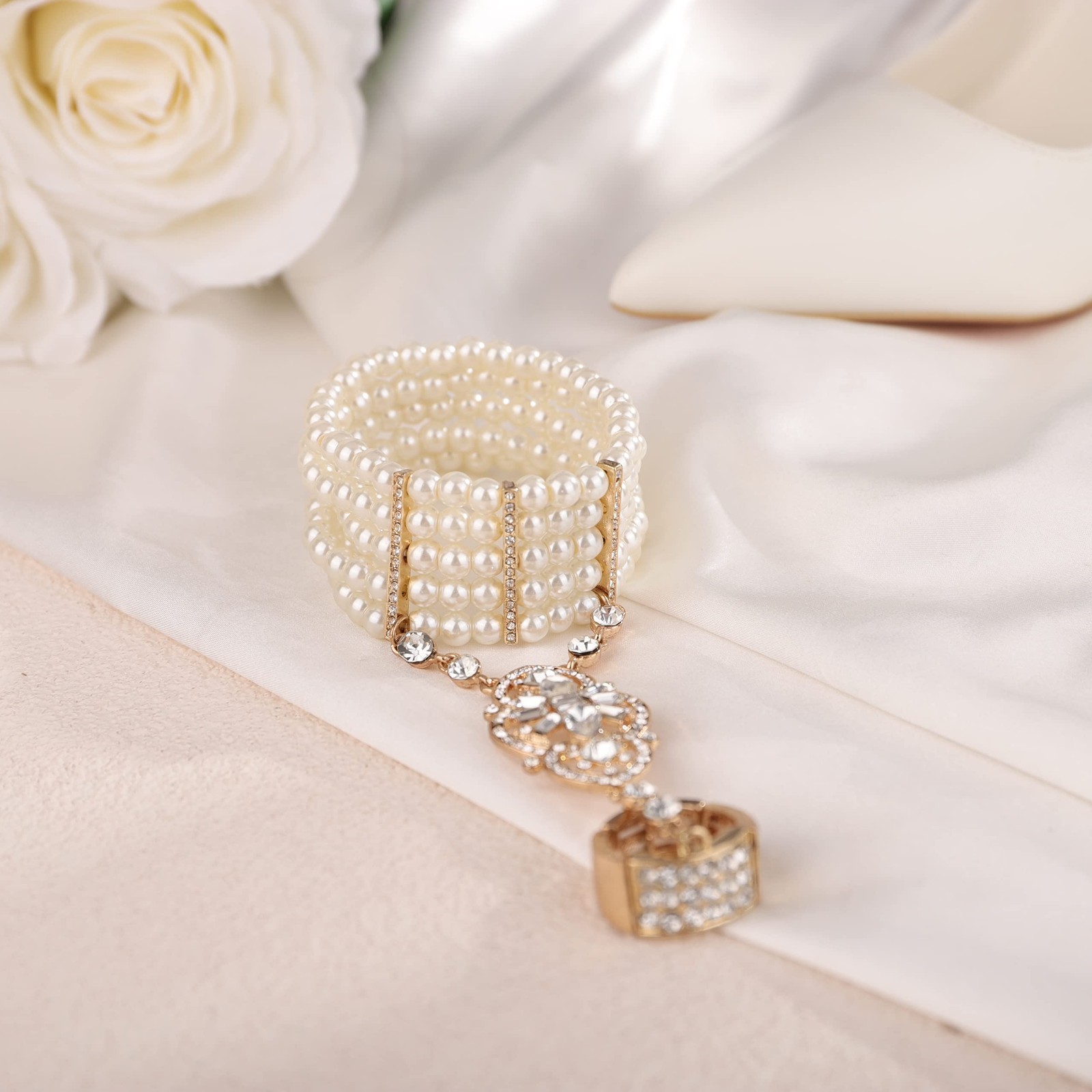 Vintage 1920s Flapper Faux Pearl Gold Rhinestone Stretch Bracelet – Wedding Part