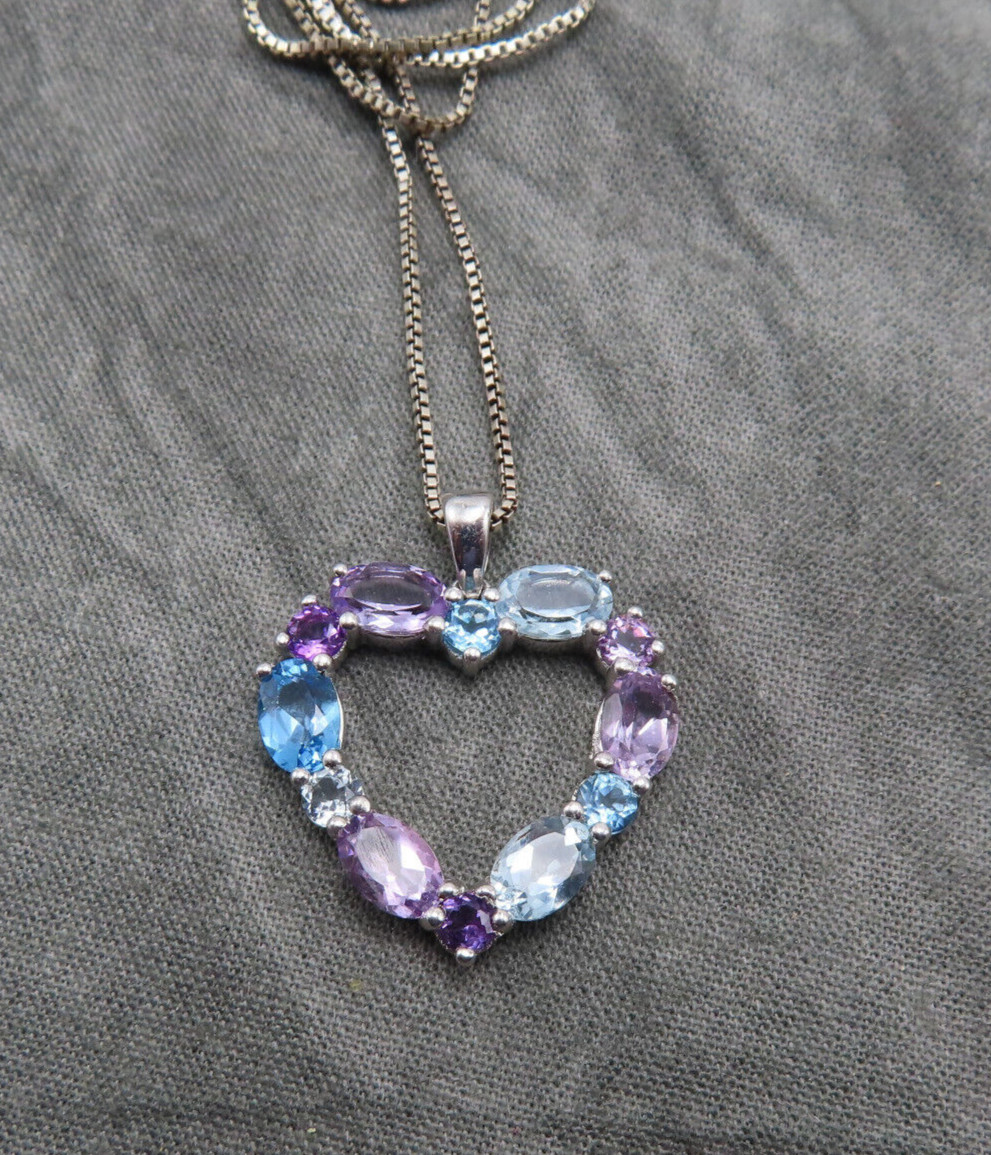 Vintage Sterling Silver Necklace Heart Pendant Purple Blue Topaz Gemstones 313c