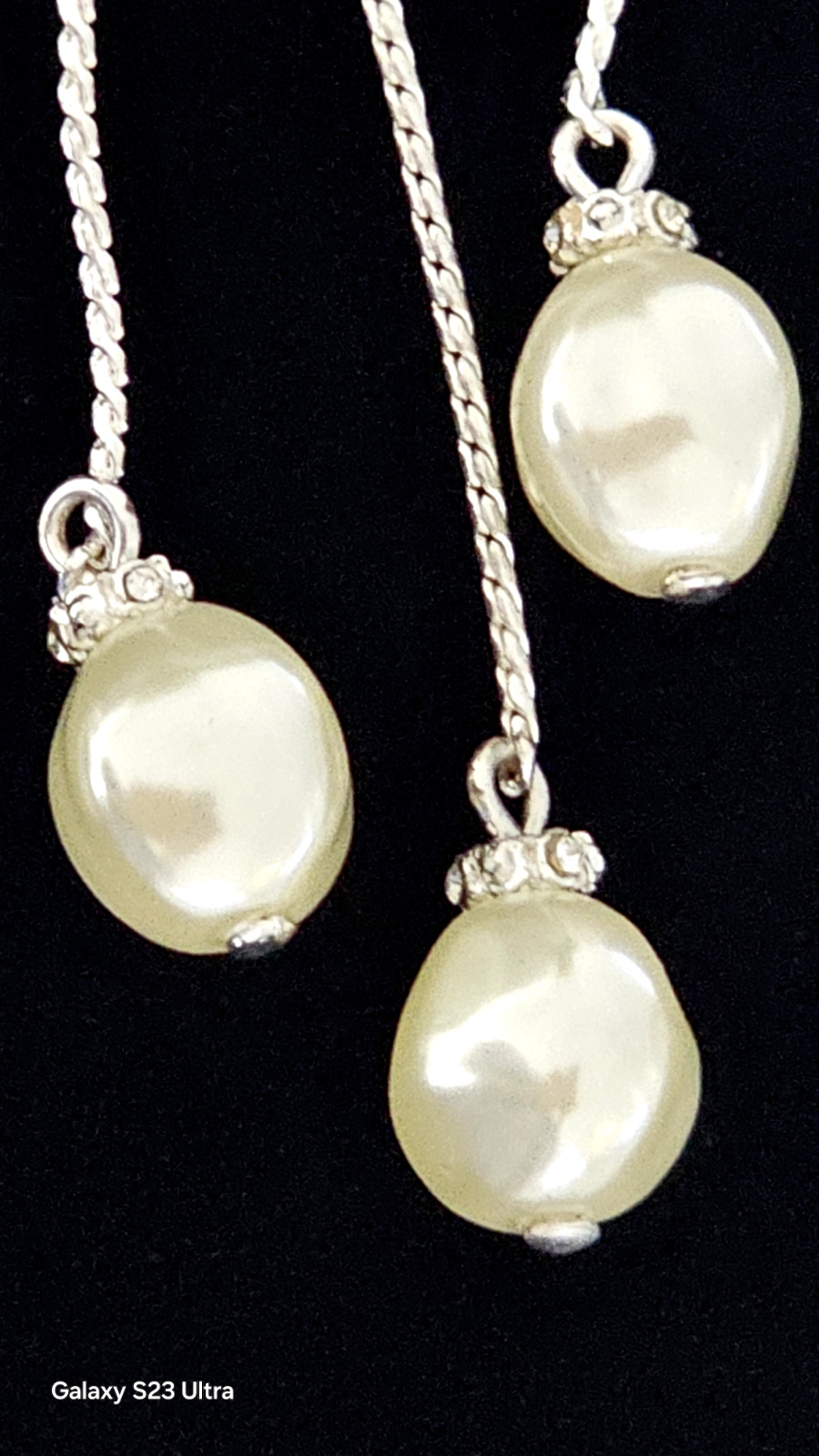 SAQ BAROQUE white pearl chain necklace silver tone 13″ with pendent