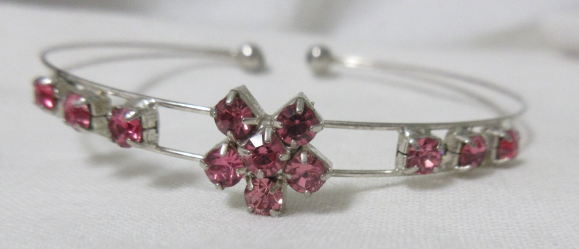 Vintage Silver Tone Pink Rhinestone Flower Cuff Bracelet 6 1/2 Inches