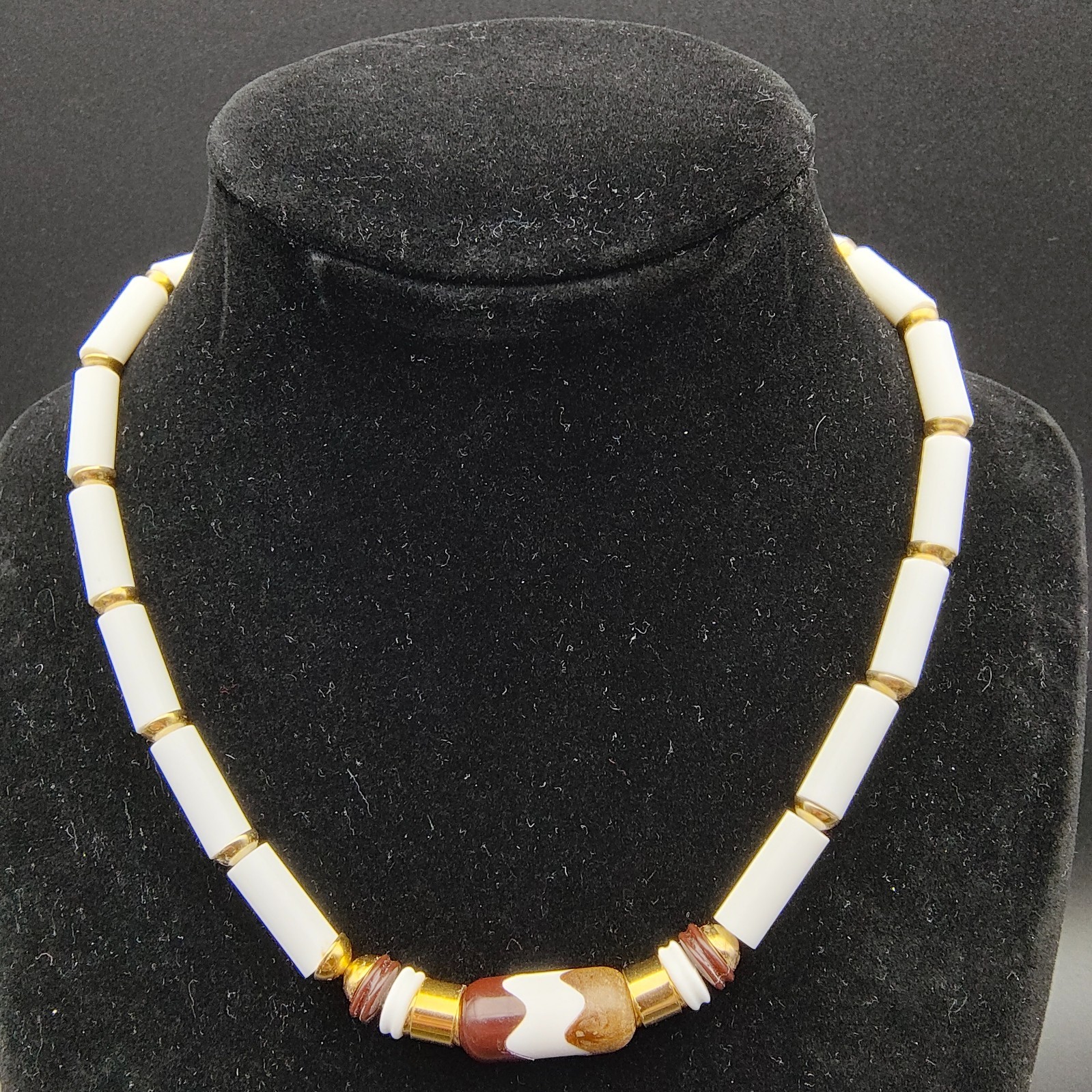 Vintage Boho Ethnic Beaded Statement Necklace White Brown Gold Tone Plastic 70s