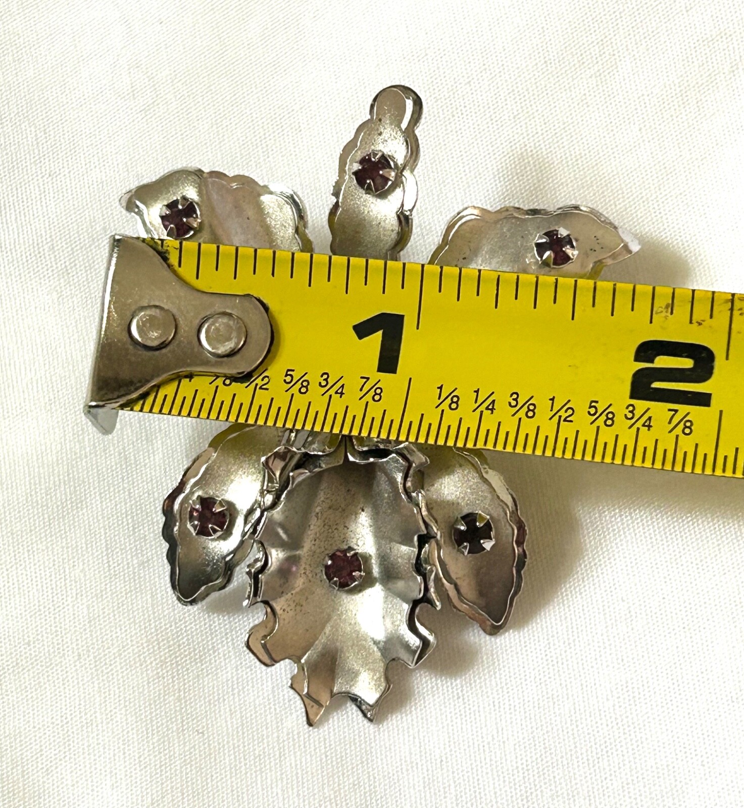 Vintage Orchid Brooch Pendant With Purple Clear Rhinestones Silver-tone