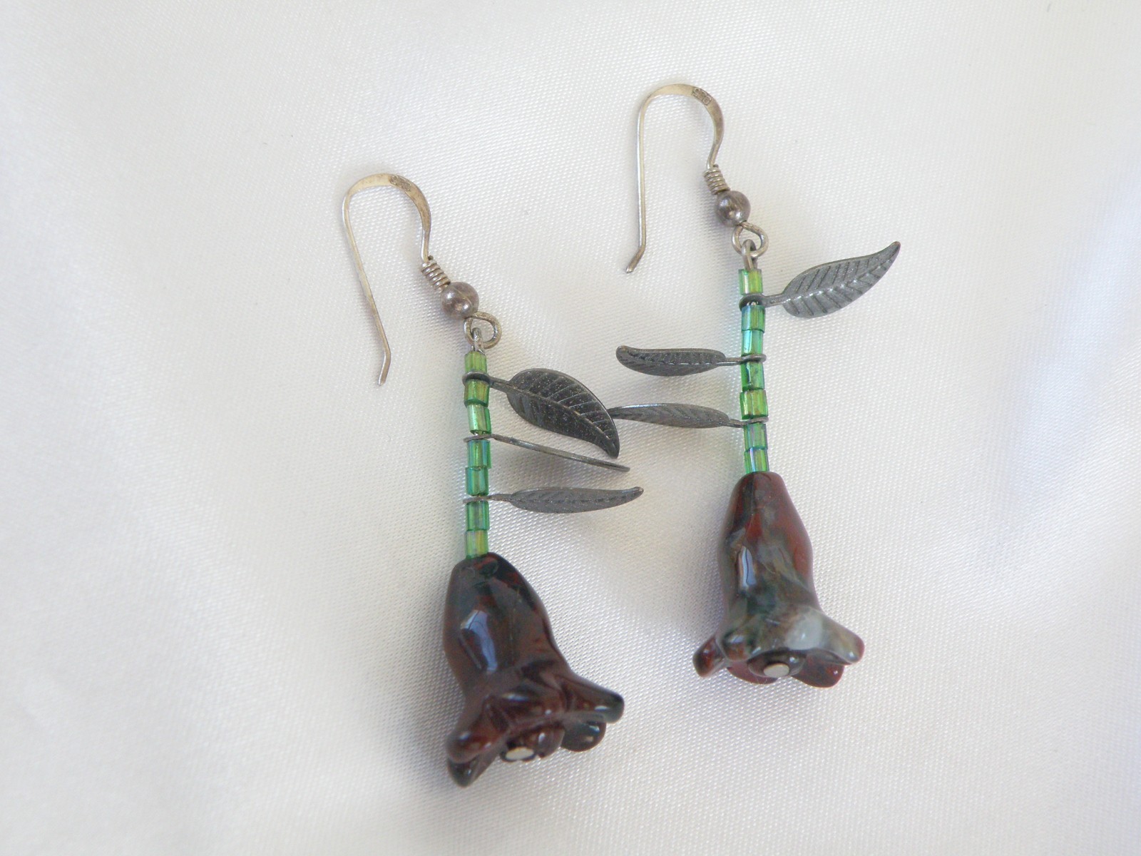 Vintage Sterling Silver 925 Artisan Tulip Flower Carved Stone Dangle Earrings