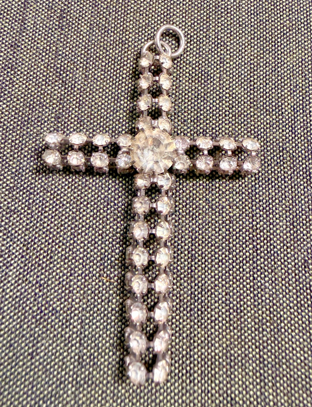 Vintage Metal and White Gem Stone 2″ Cross Pendant Silver Tone