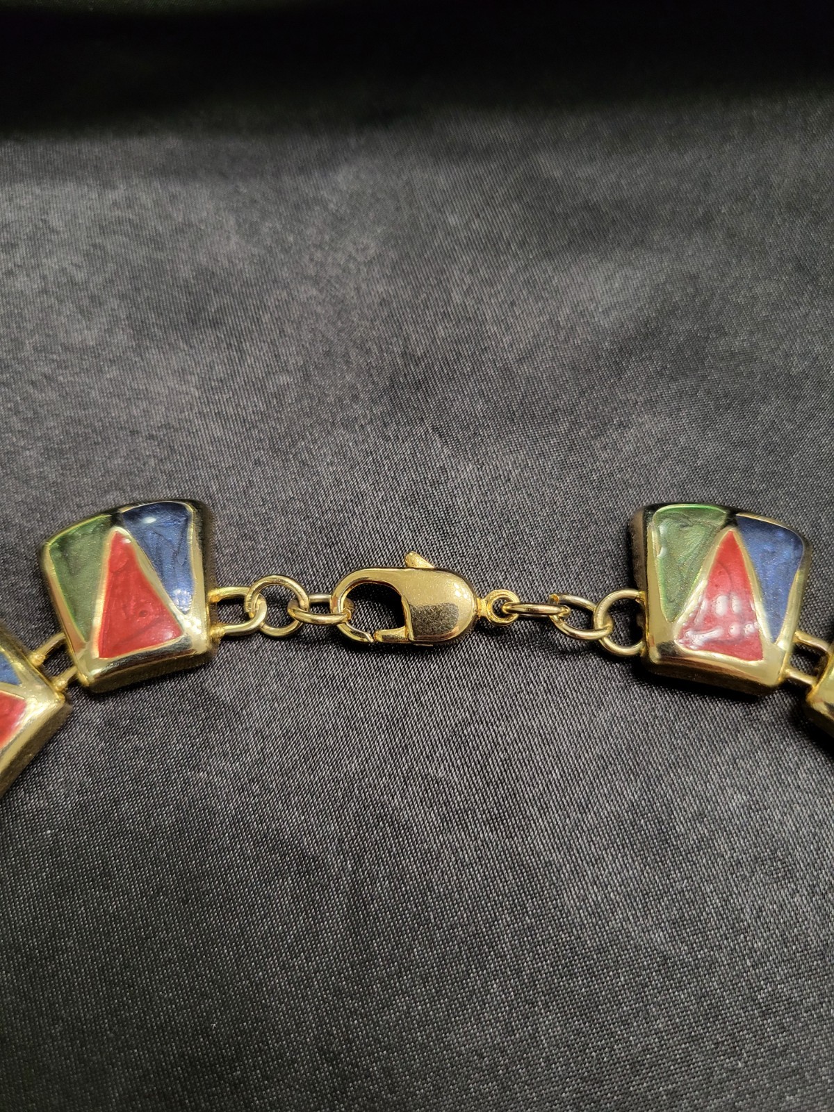 Vintage 1980s Gold Tone Enamel Geometric Panel Collar Choker Statement Necklace