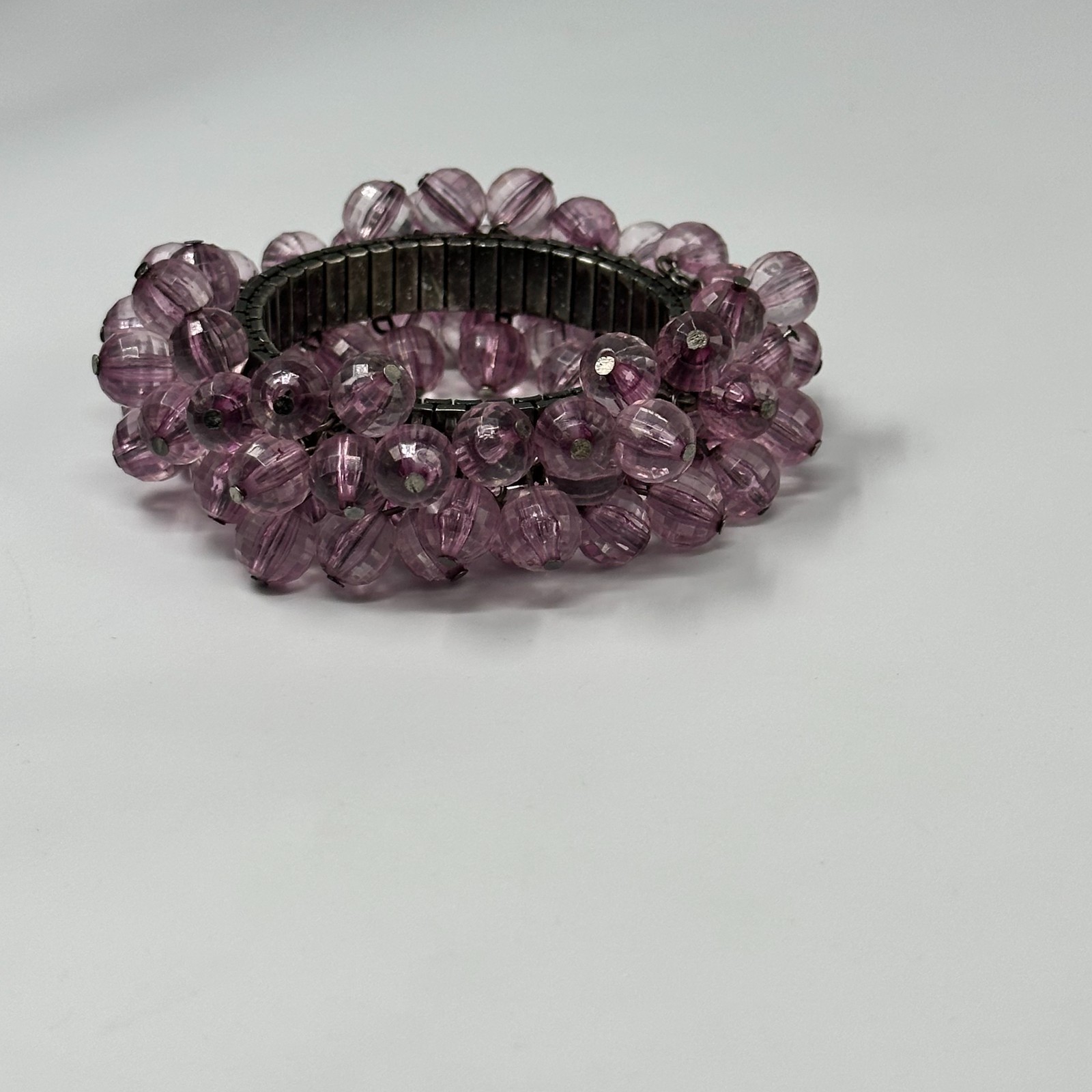 Vintage Cha Cha Expansion Bracelet Purple Faceted Round Beads Silver Tone