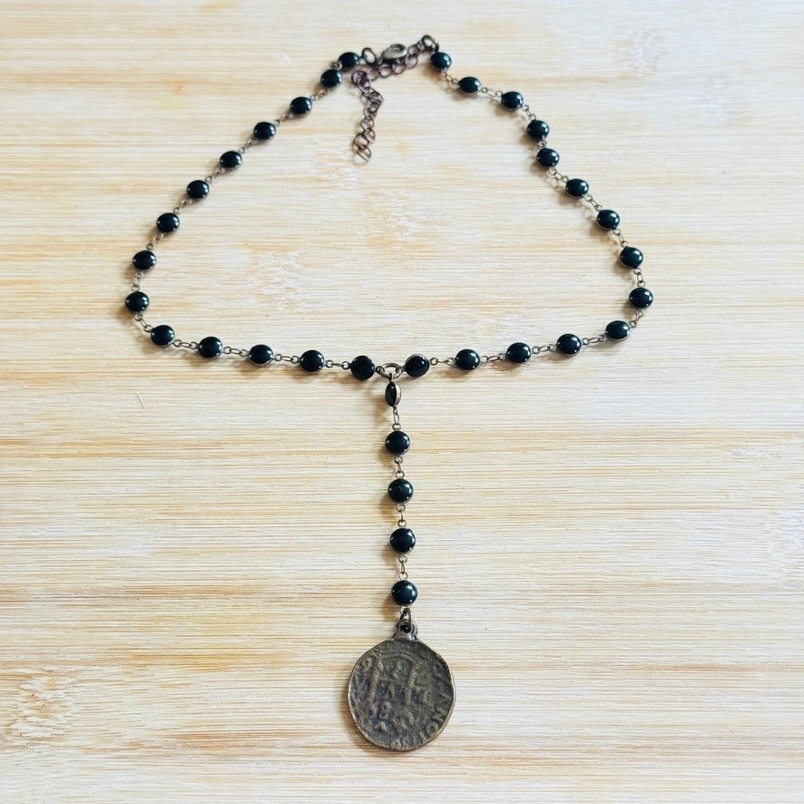 Gothic Style Rosary Cross Coin Necklace Devotional Rustic Chain black Jet Glass