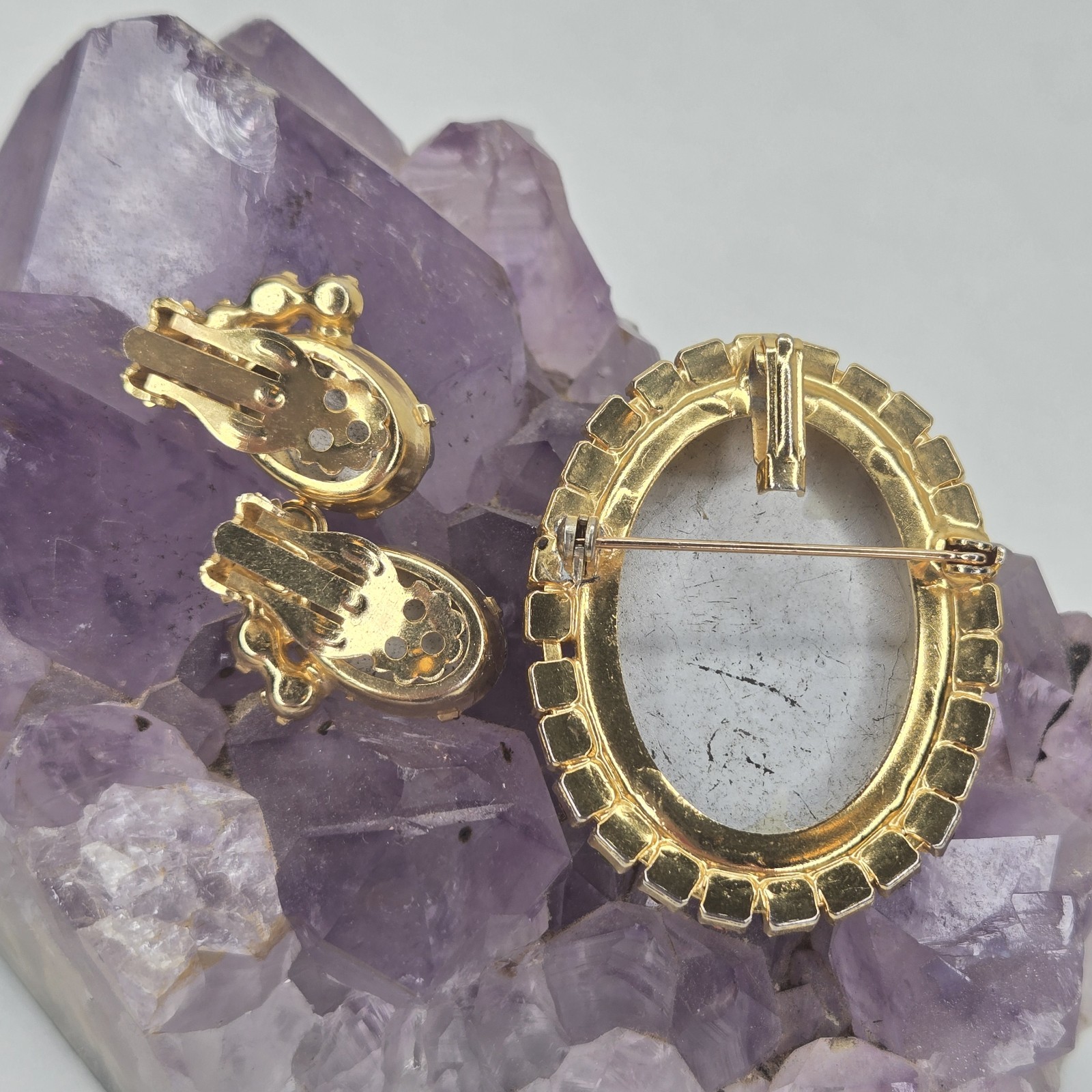 Vintage Juliana DeLizza & Elster Crystal Geode Brooch & Earrings Rare Book Piece