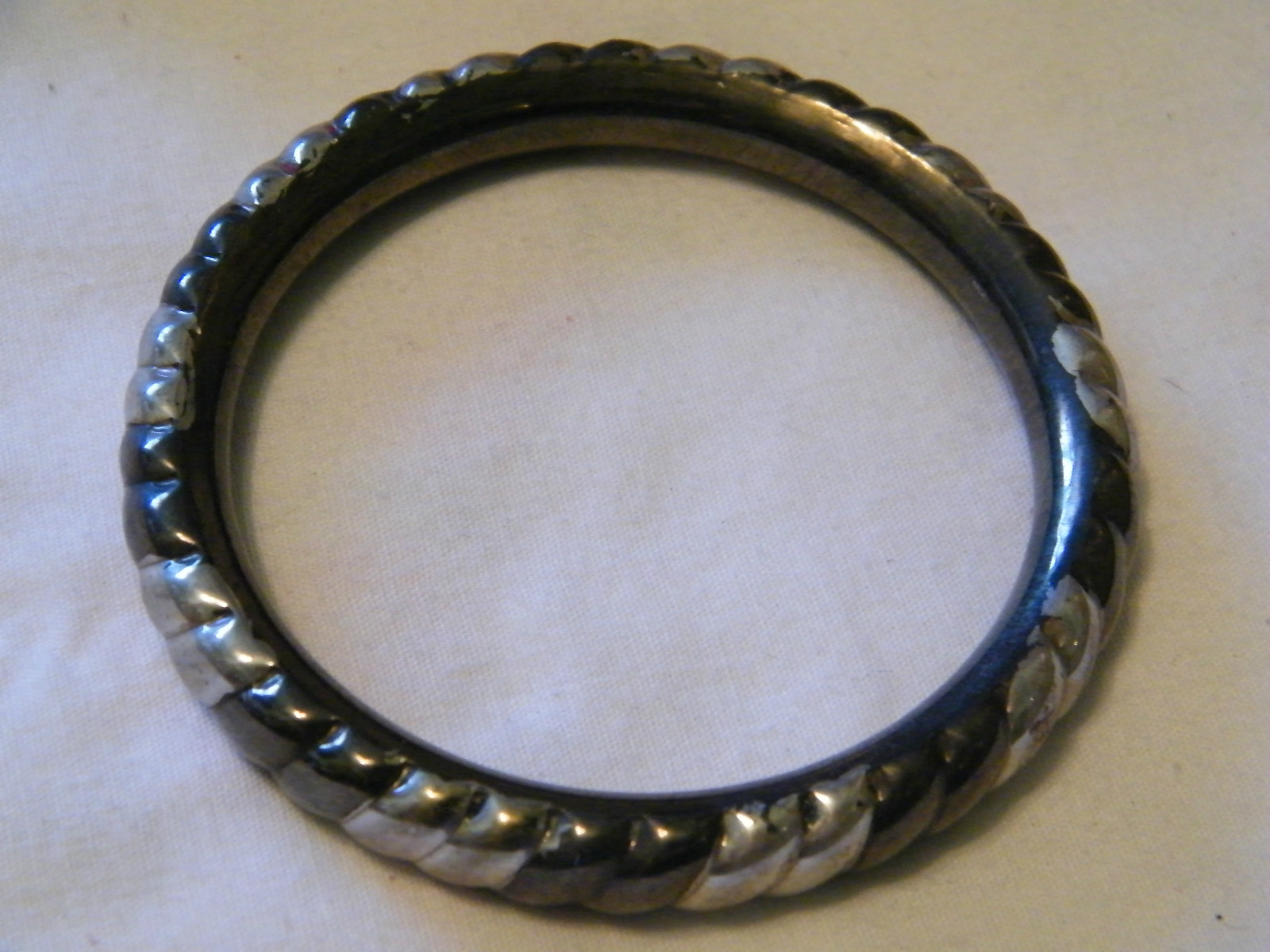 Beautiful Bangle Bracelet Textured Silver Black Tone 2 1/2 x 3/8 Inch Wide Uniqu