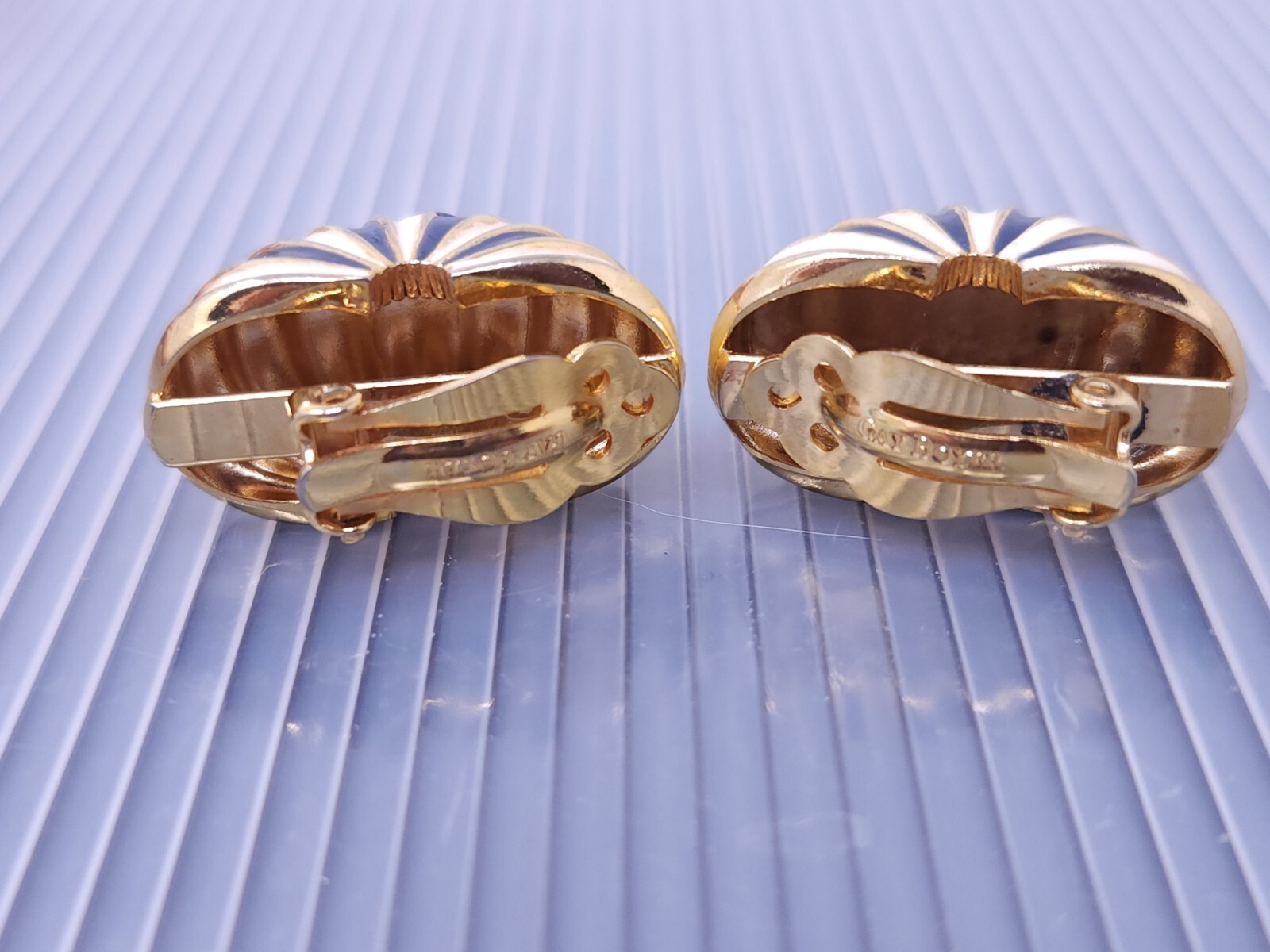 Vintage Gay Boyer Gold Tone Blue Enamel Hoop Clip on Earrings