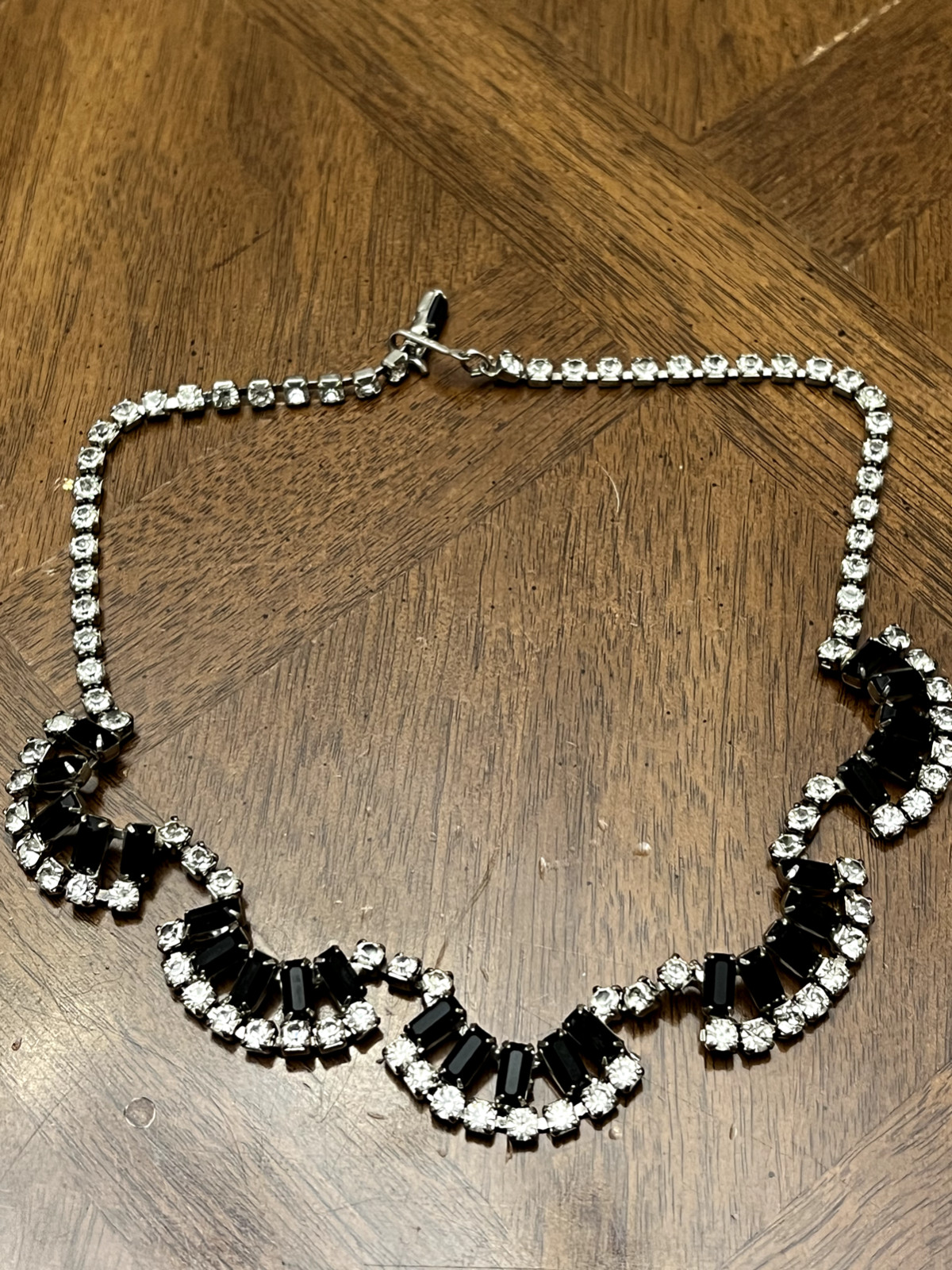 Vintage Coro Necklace Silver Tone Black & Clear Rhinestones Sparkly Signed!