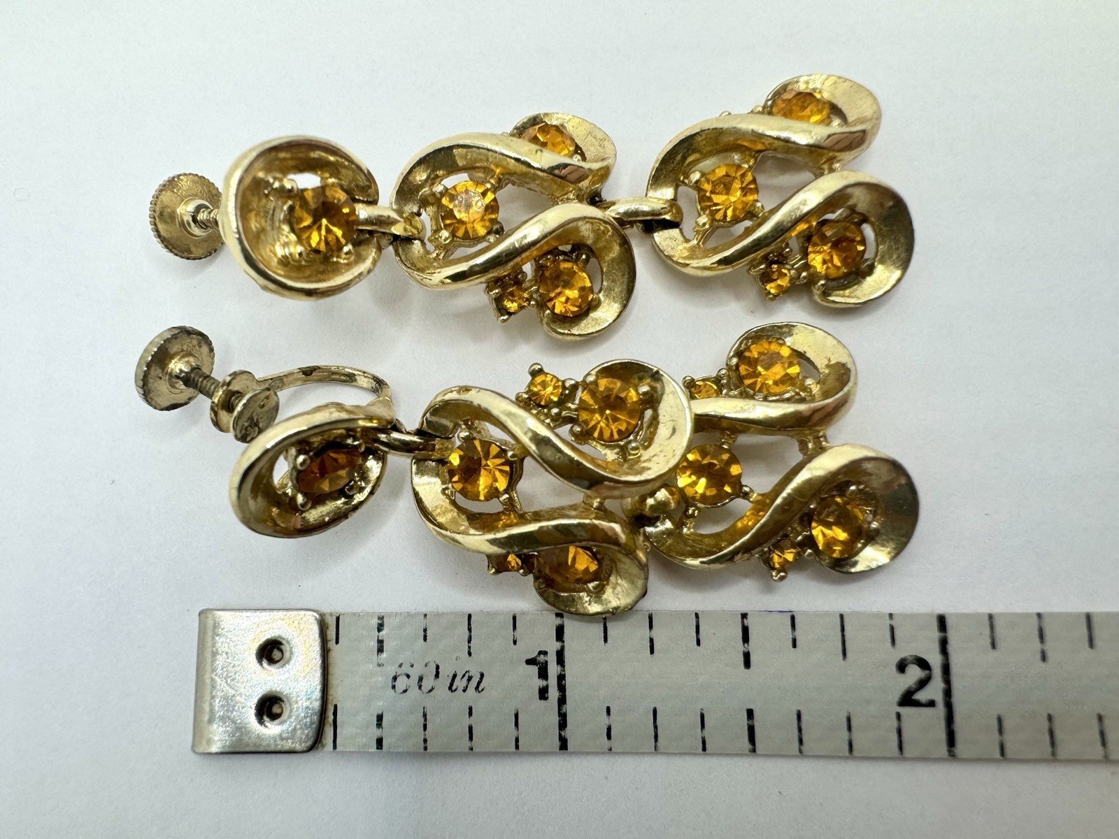 RARE Vintage 50’s CORO Amber Gold Rhinestone Drop Dangle Screw Back Earrings MCM