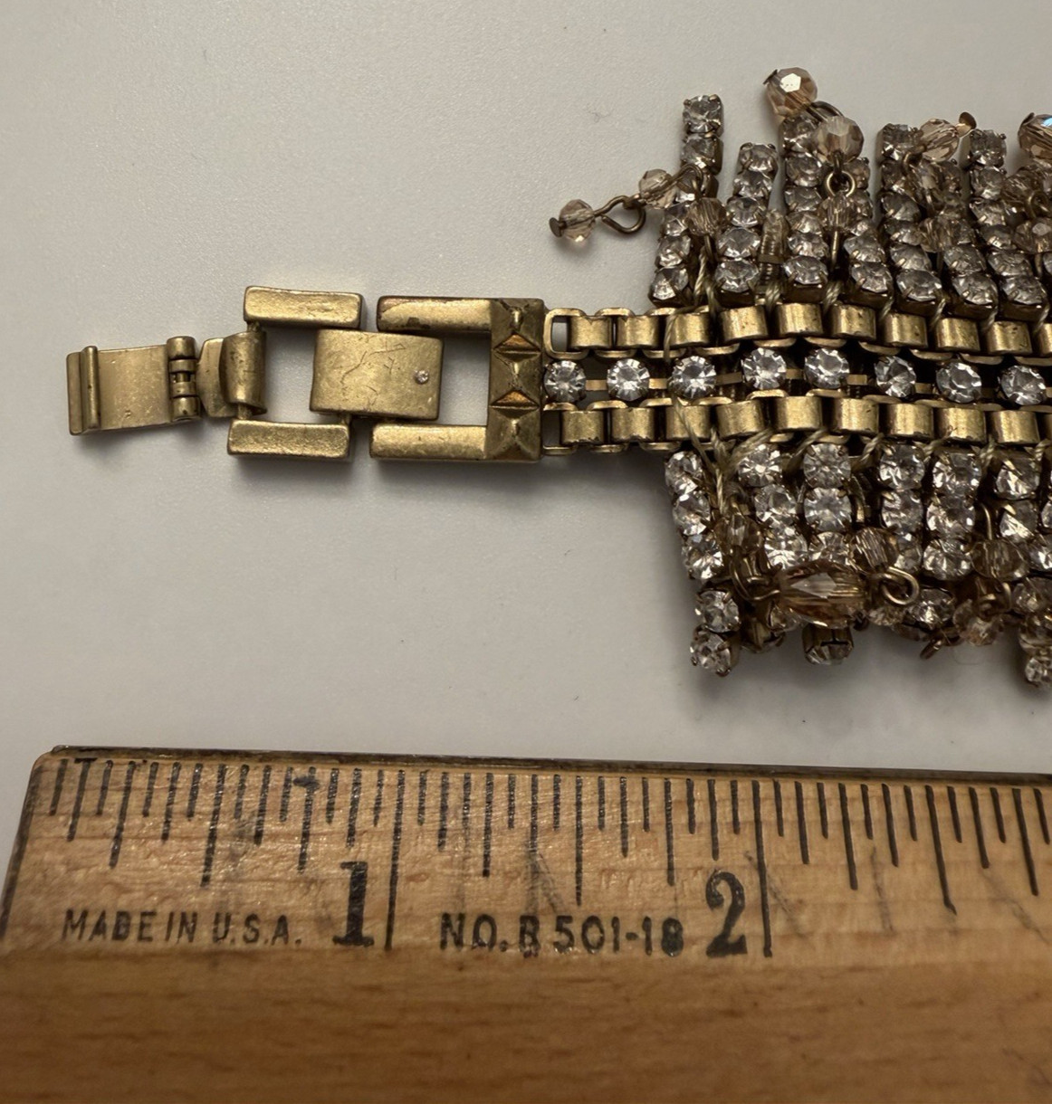 Vintage S&D Rhinestone Statement Bracelet Bronze Tone Multi Row Clear Stones