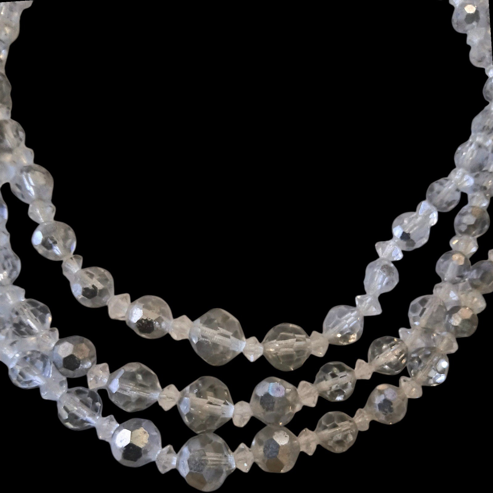 Vintage 3 Strand Crystal Glass Choker Necklace Clear Gray Faceted Beads 12–15″