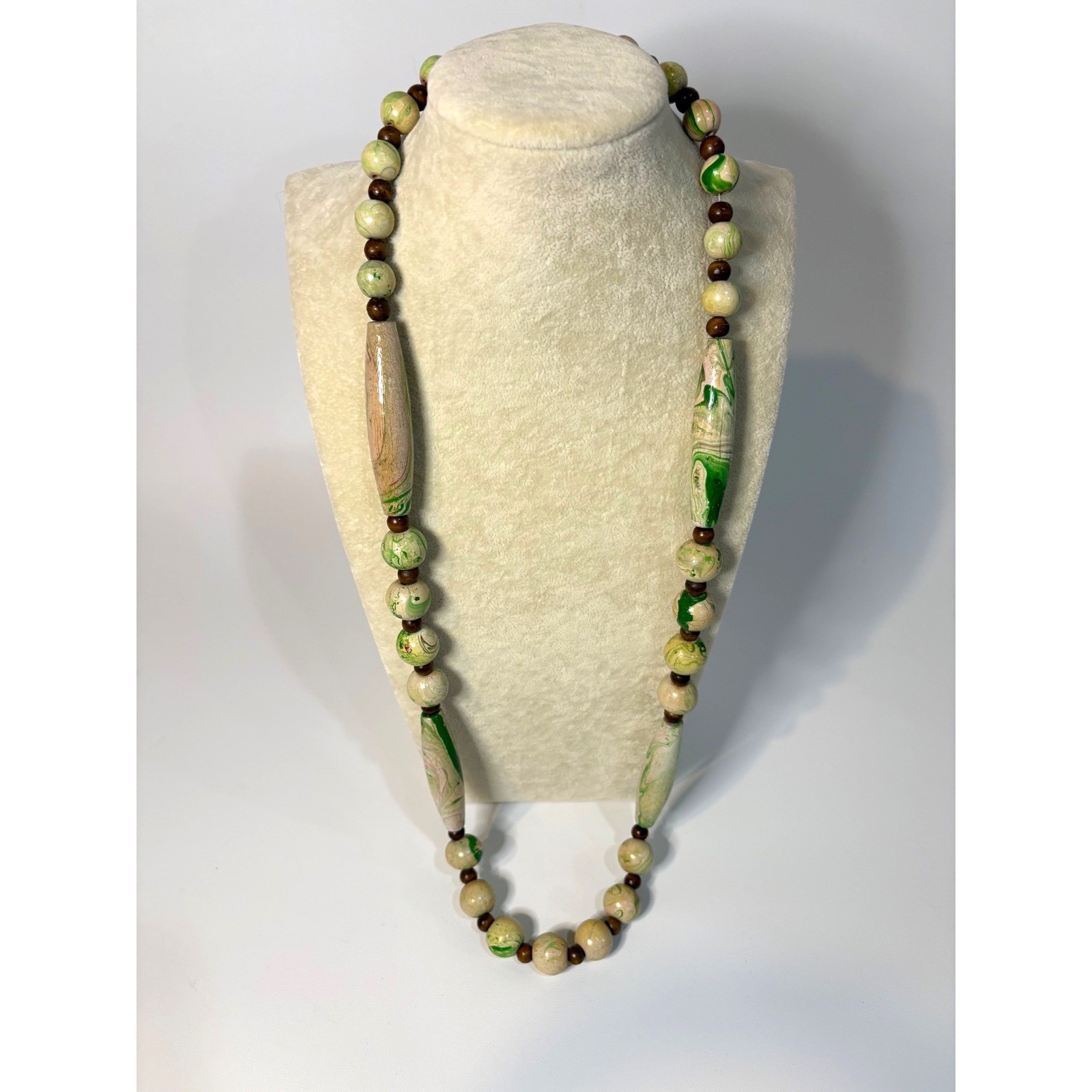 Vintage Green Swirl Beaded Necklace Boho Earthy Ceramic Wood Bead 28 Inch Long