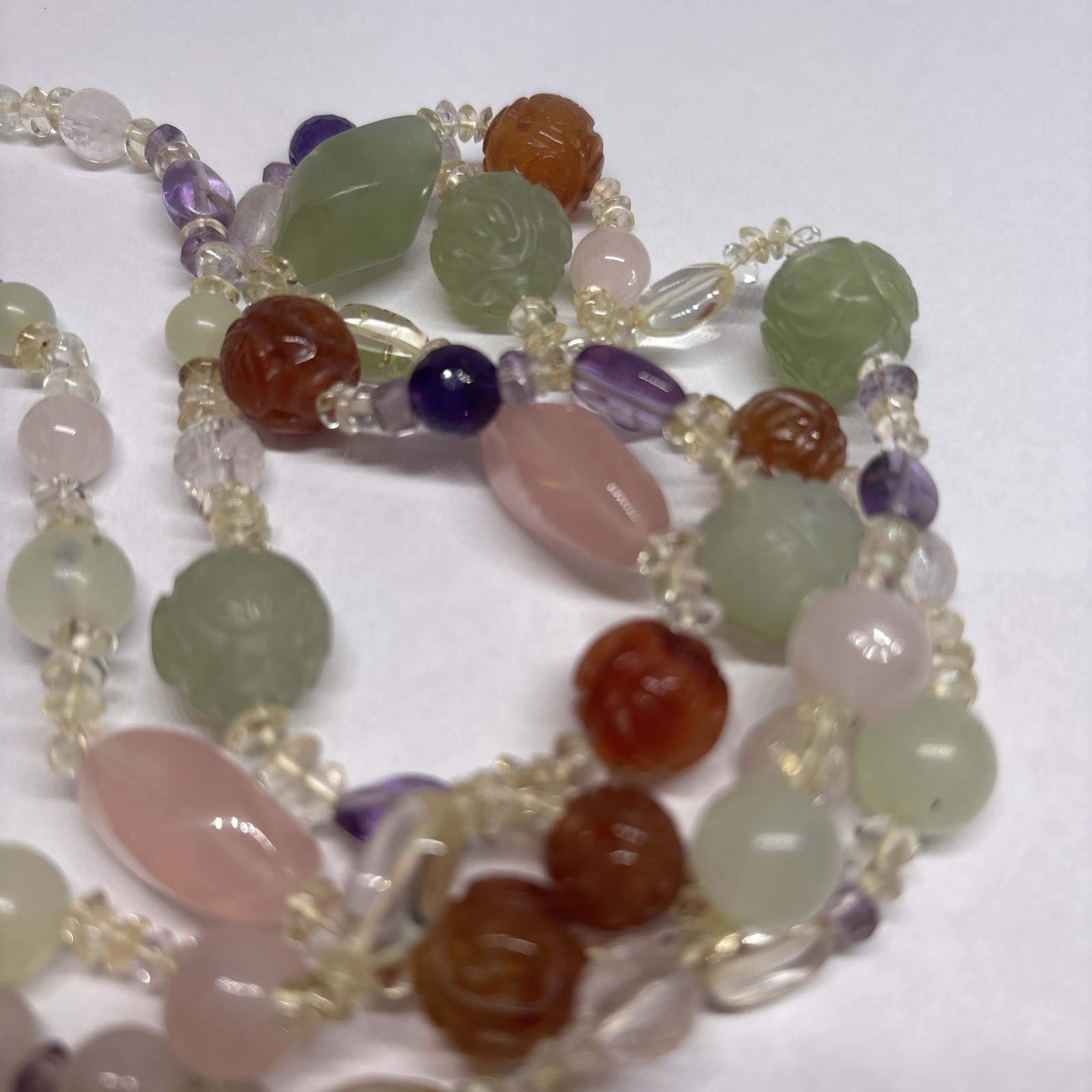 Multi-Gemstone 2-Strand Necklace Carved Jade Amethyst Sterling Silver STG 85g