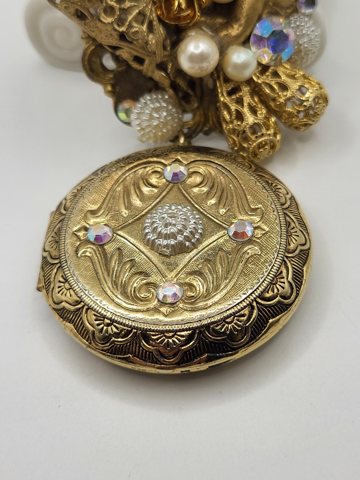 Victorian Revival Gold Tone Ornate Angel Brooch Locket AB Crystals Faux Pearls