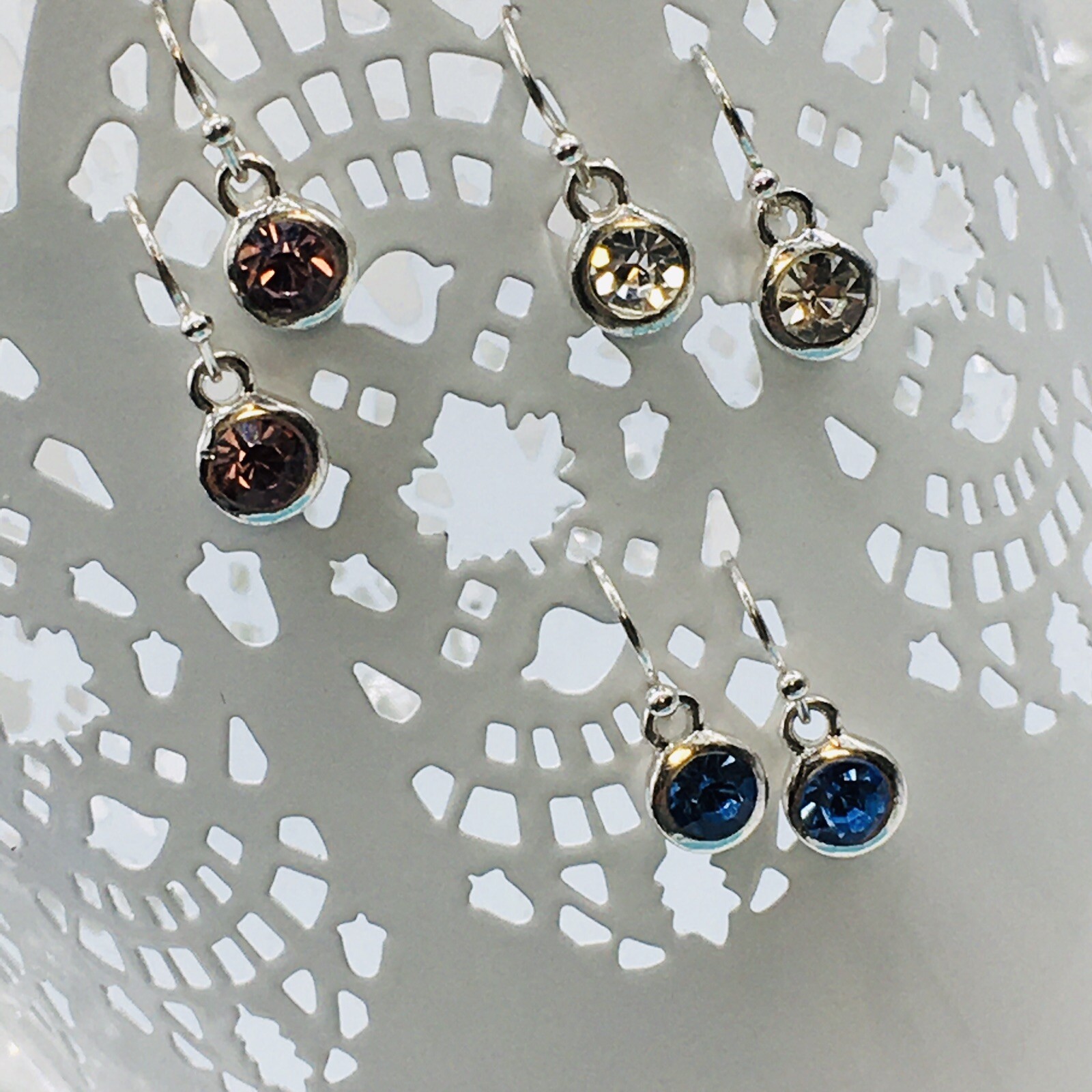 Silver Tone Glass / Acrylic Clear Purple and Blue Earrings Fish Hook Approx .4”