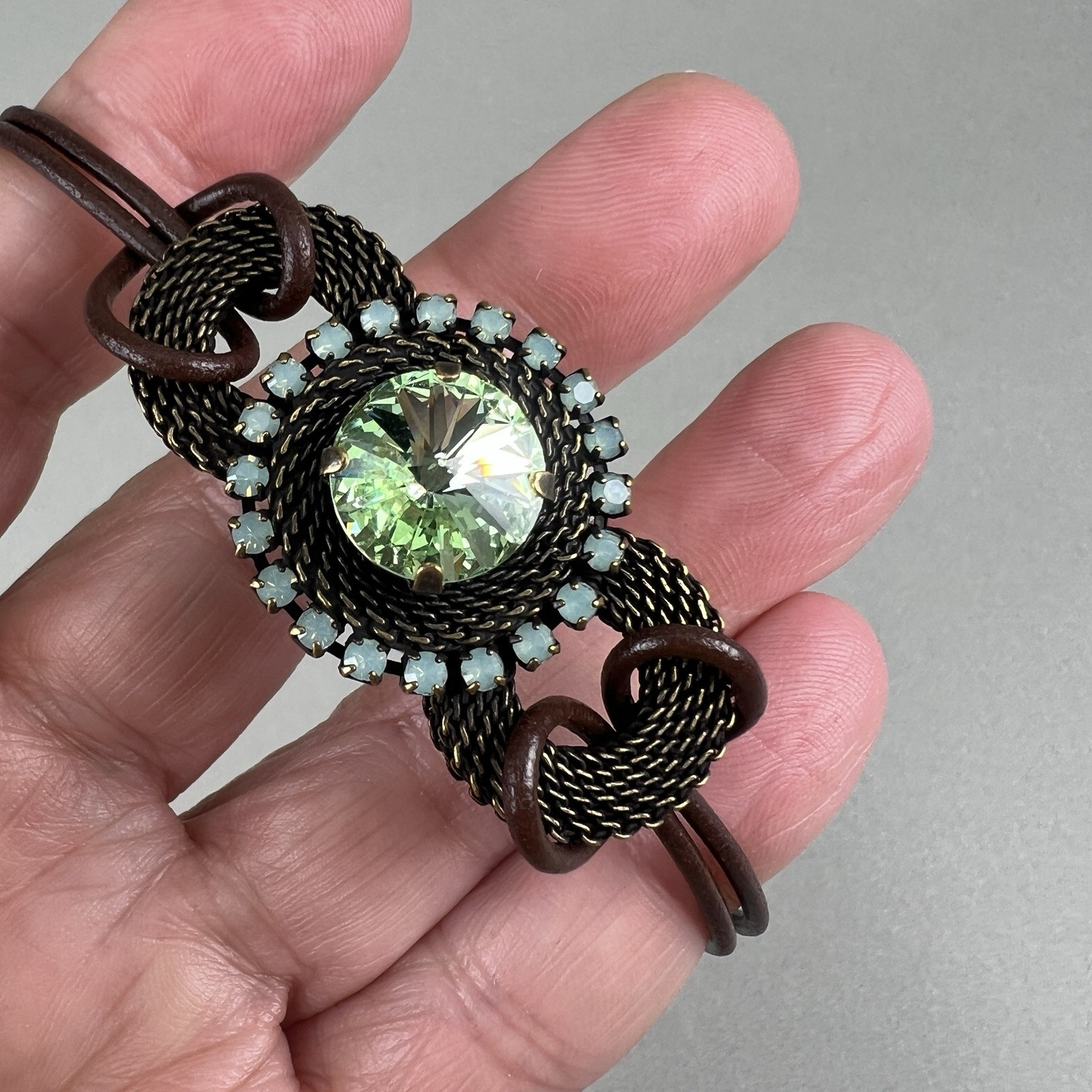 Vintage Van Galz Bracelet Leather Green Rivoli Rhinestone q3z