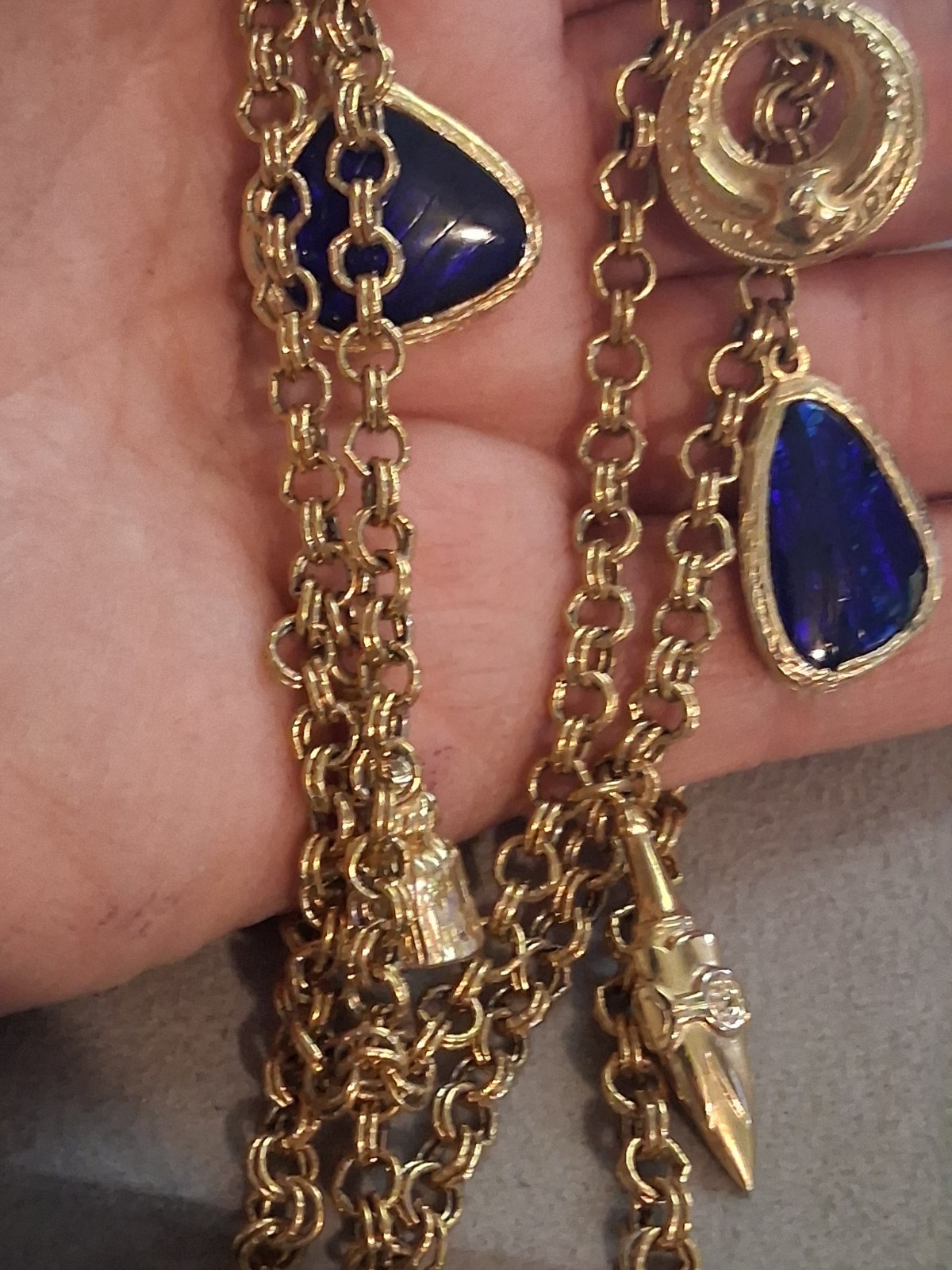 Cobalt blue poured glass dangle drop charm double strand necklace, vintage, 24″