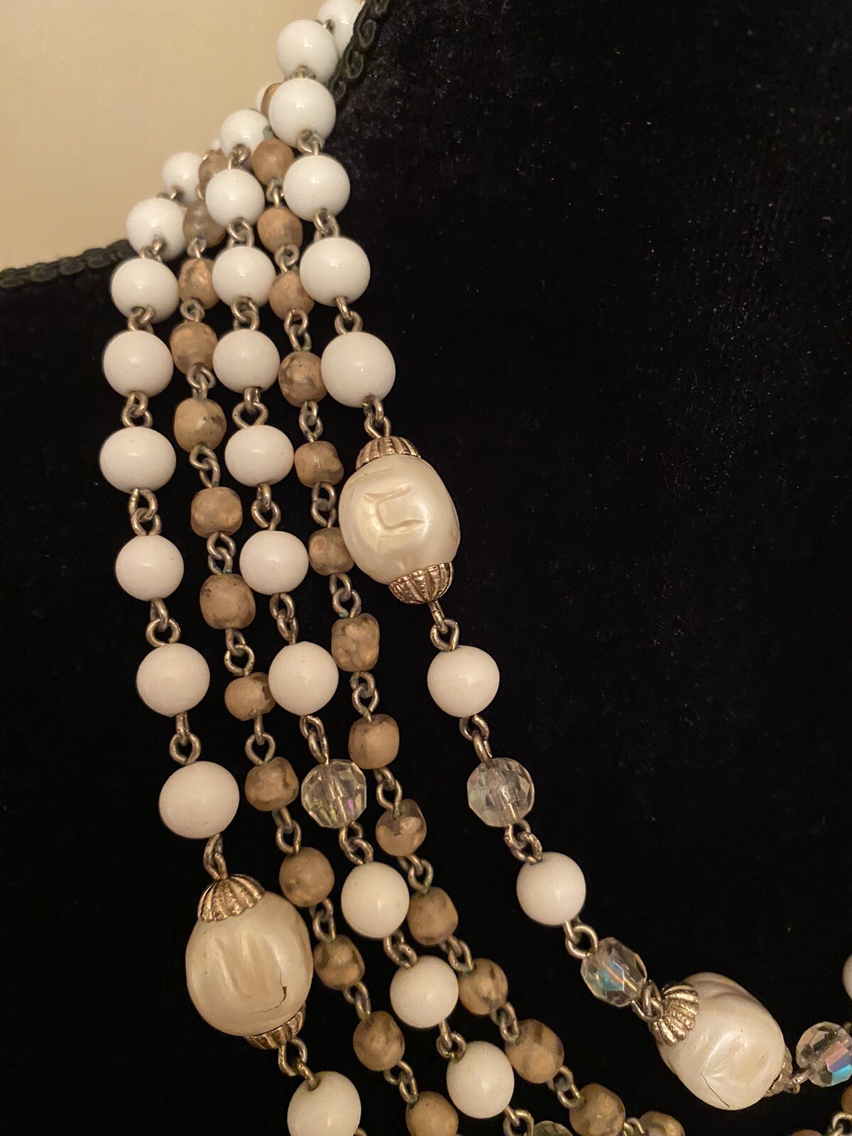 Vtg Multi Strand Gold White Champagne Crystal Faceted Bead Necklace 19”