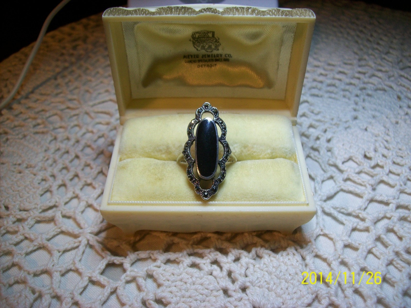 Masala CW Black Onyx & Marcasite Oblong Sterling Silver Filigree Vintage Ring
