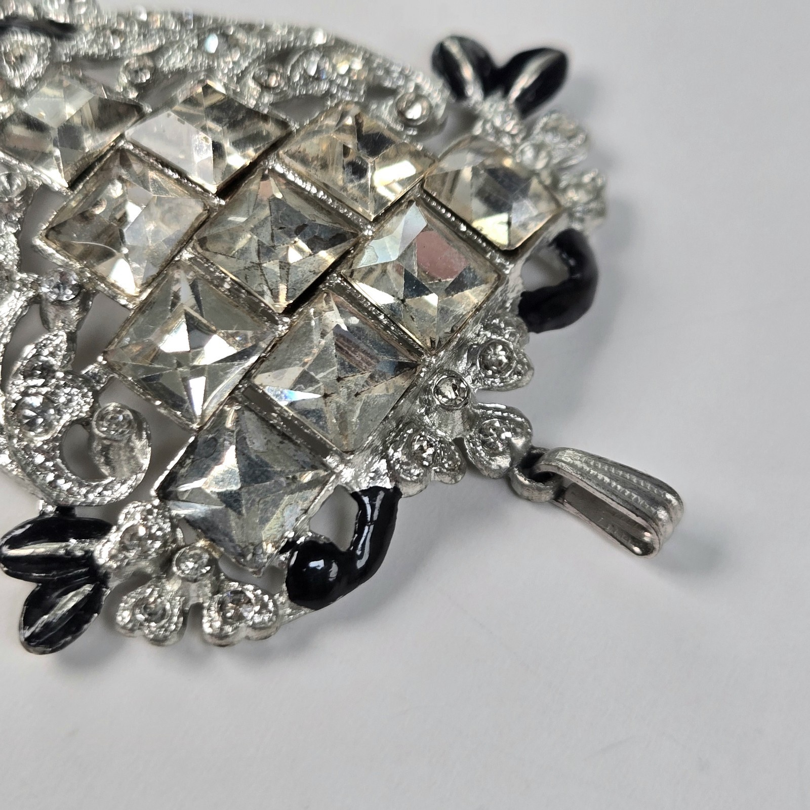 Art Deco Rhinestone & Black Enamel Lavaliere Pendant Only