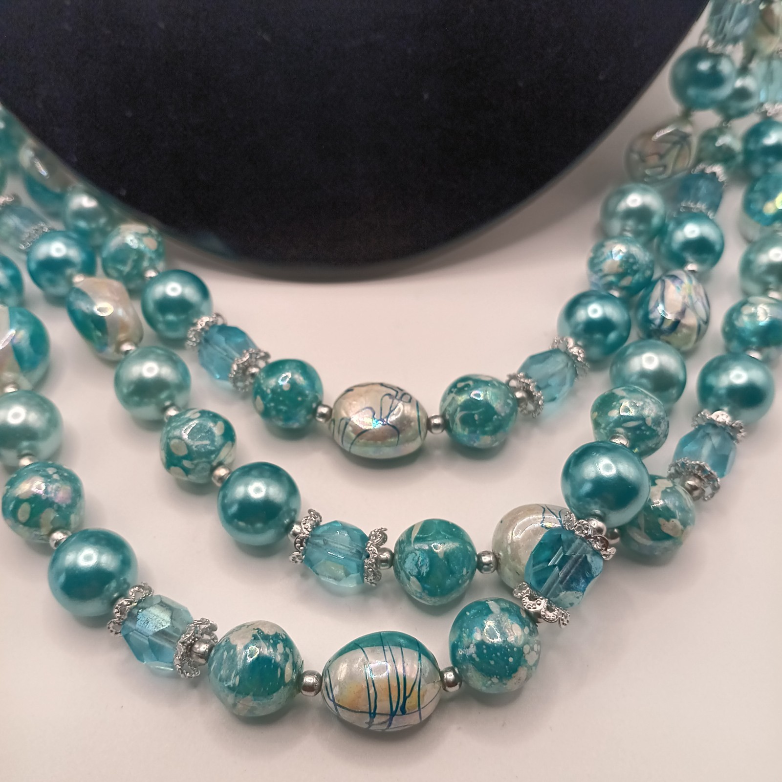 VTG Blue/AB Bead Demi Parure 3 Strand Stamped Japan Necklace And Clipon Earrings