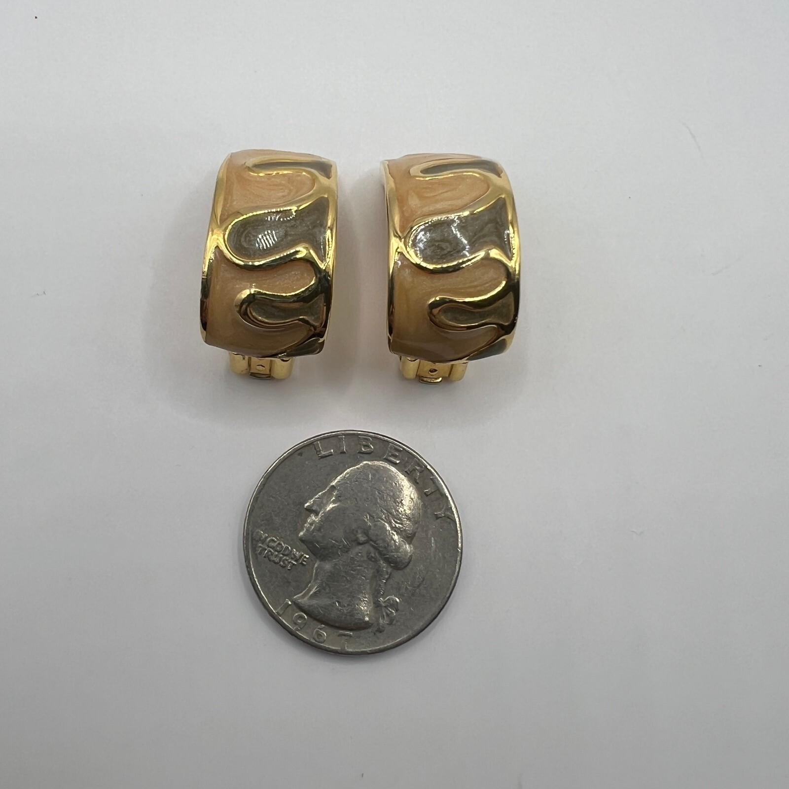 Vintage Clip On Earrings Half Hoops Peach Gray Brown Enamel Gold Tone