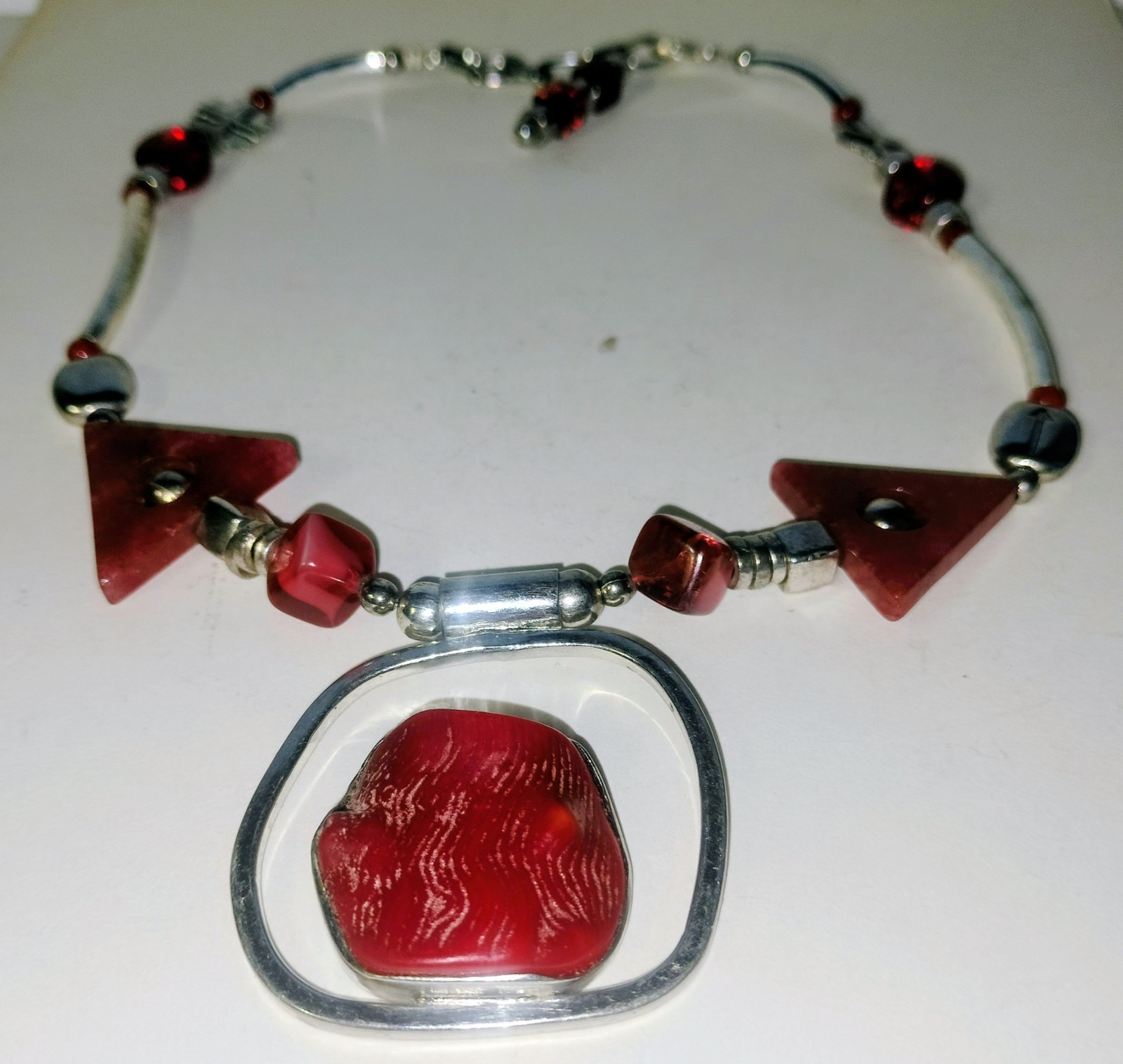 Vintage Natural Coral Modernist Pendant Brutalist Silver Necklace