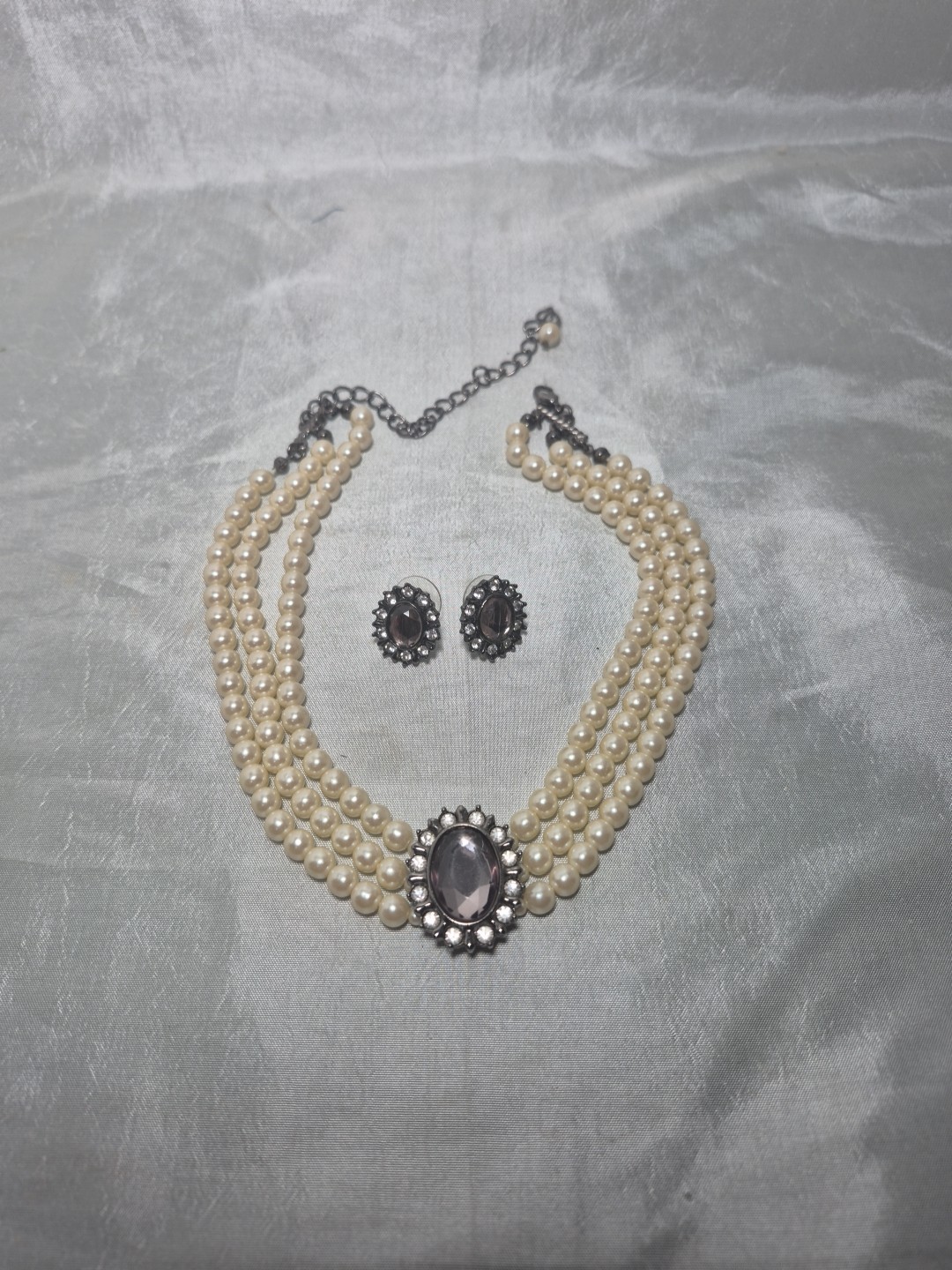 Vintage Faux Pearl 3 Strand Choker With Earrings Smokey Gray Rhinestones
