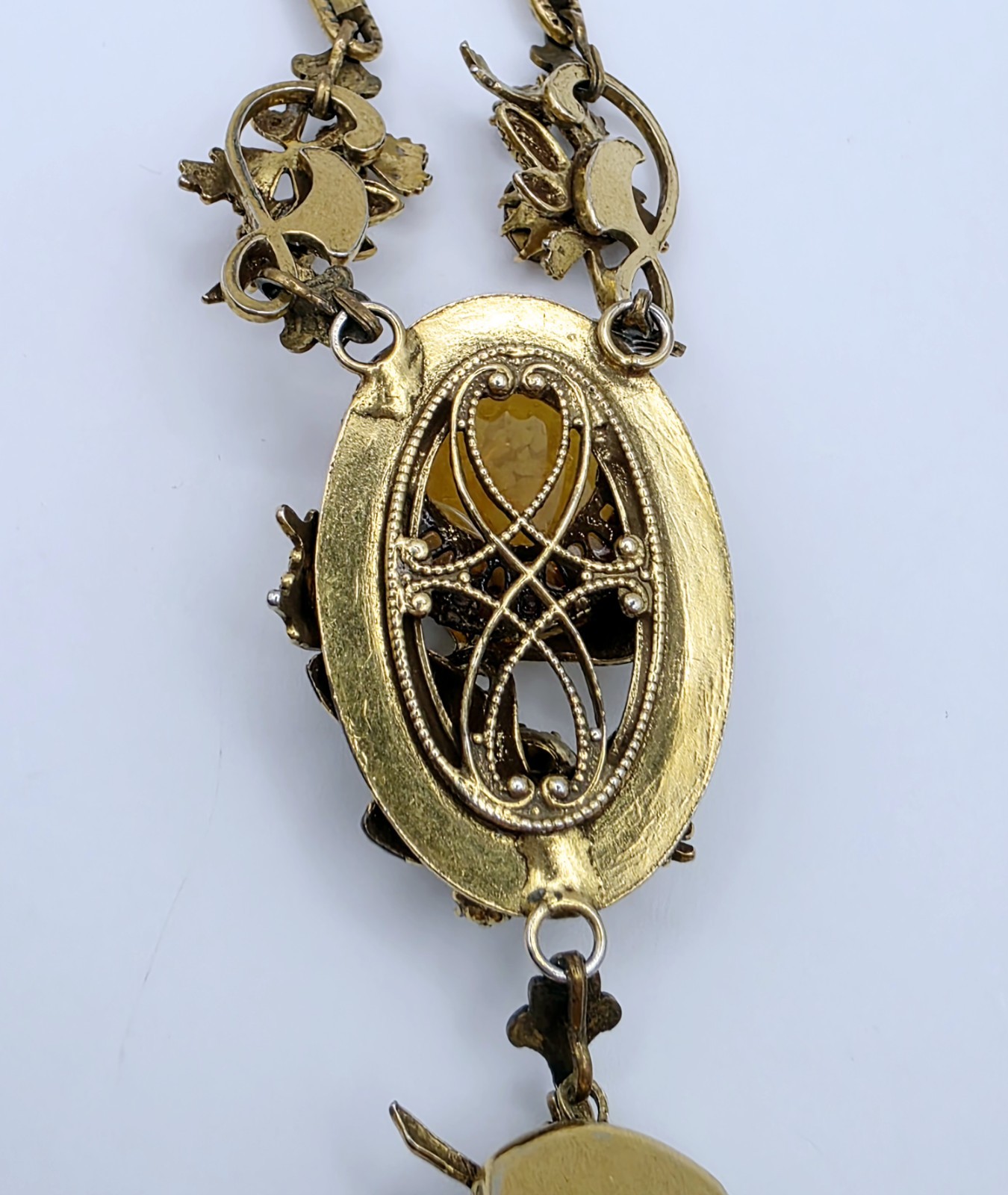 Vintage Germany Amber Glass Cabochon Tassel Pendant Necklace Rhinestone Leaf