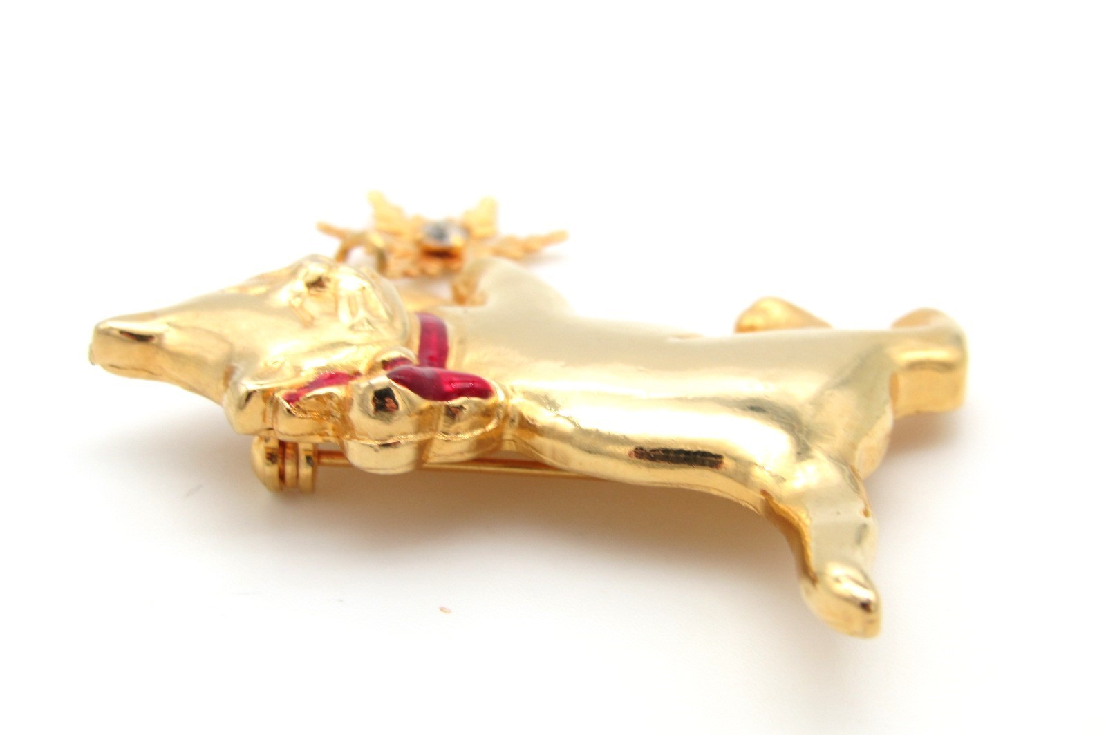 Vtg Lia Gold Tone Christmas Cat Brooch w/Enamel, Snowflake Dangle & Rhinestone