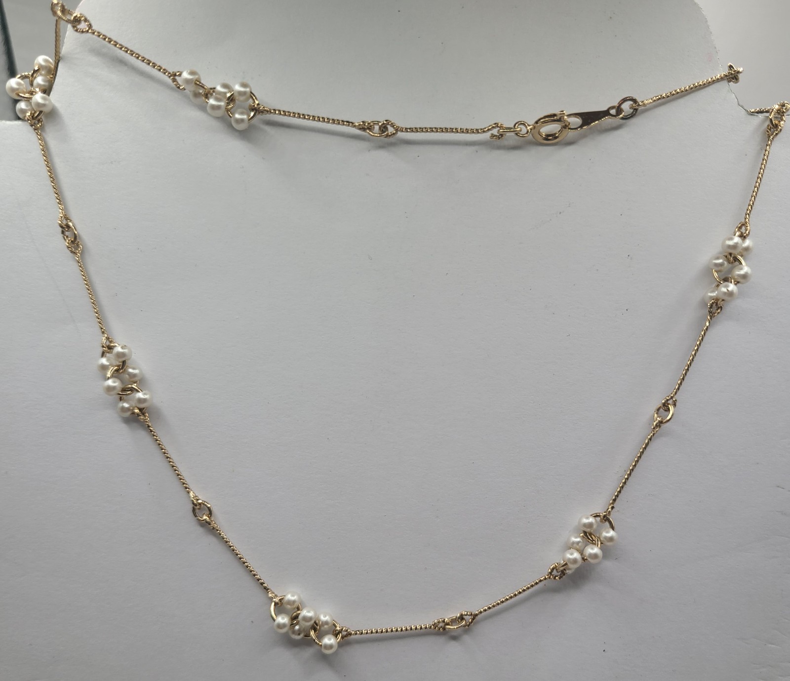 Vtg Avon Goldtone White Faux Pearl Cluster Bar Link 24″ Station Necklace Signed