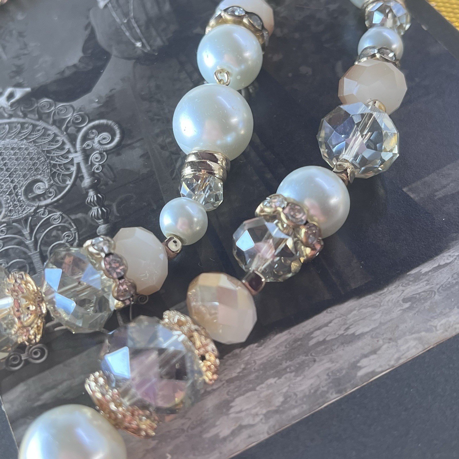 Vintage Gold Tone Faceted Beads & Faux Pearl Necklace – 32” – Champagne & White